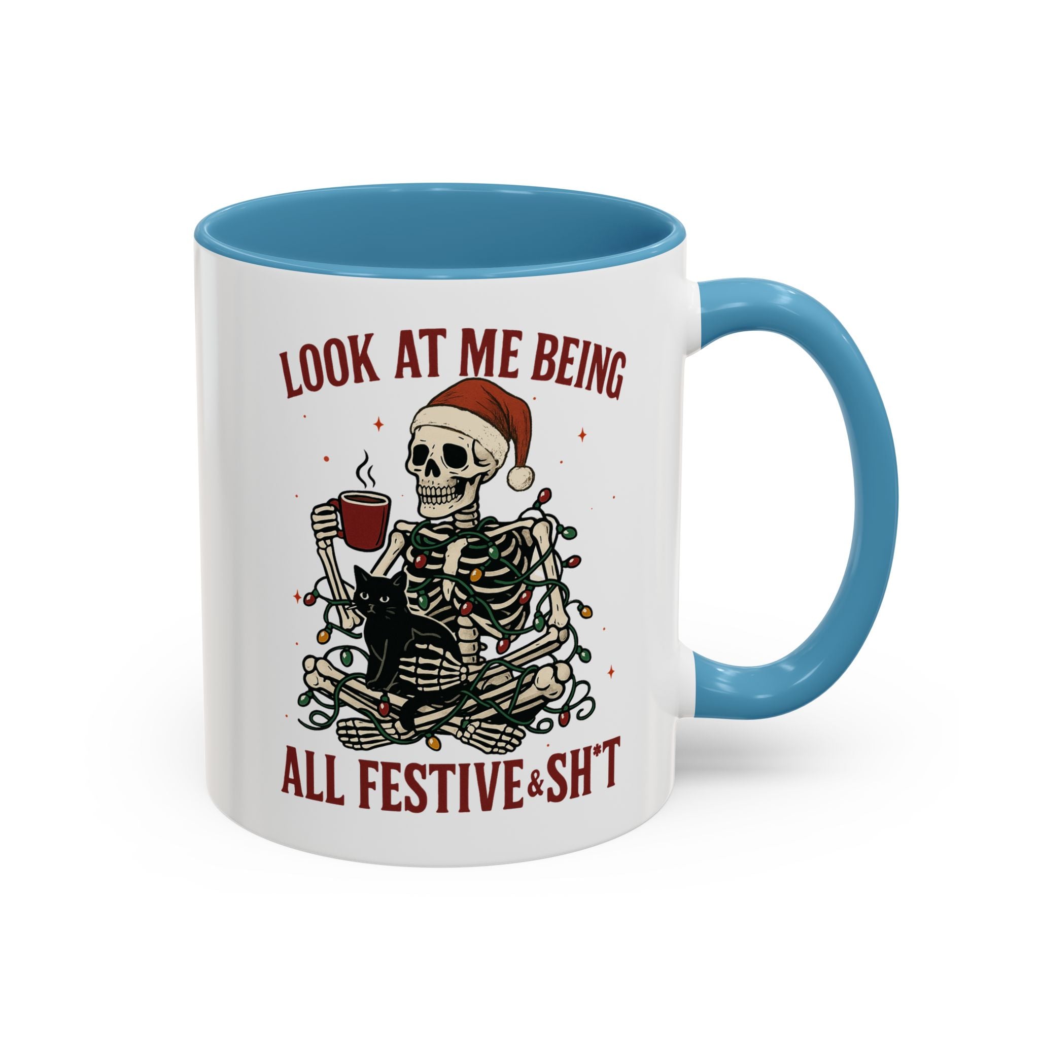Festive Skeleton Coffee Mug, Unique Holiday Gift, Halloween Decor, Cat Lover's Mug, Funny Gift for Friends