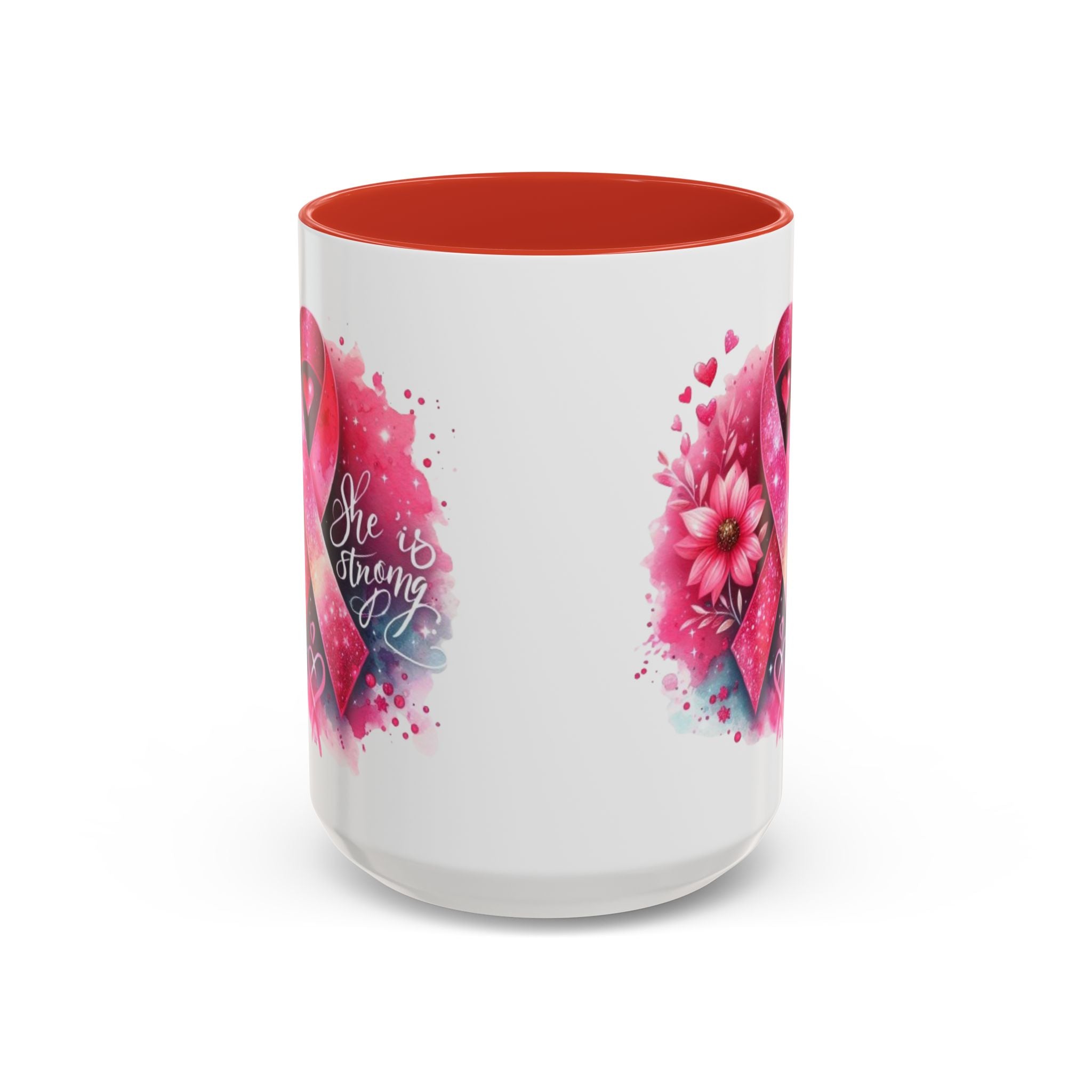 Breast Cancer Awareness Coffee Mug - Inspirational Gift, Motivational Drinkware, Supportive Cup, Pink Ribbon Design, She Is Strong