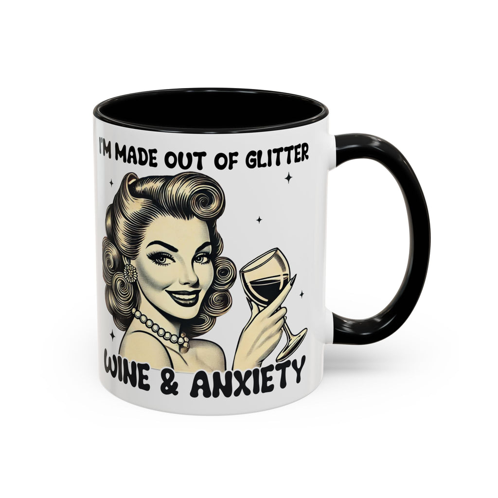 Wine & Anxiety Coffee Mug — "I'm Made Out of Glitter, Wine & Anxiety" Retro Accent Mug
