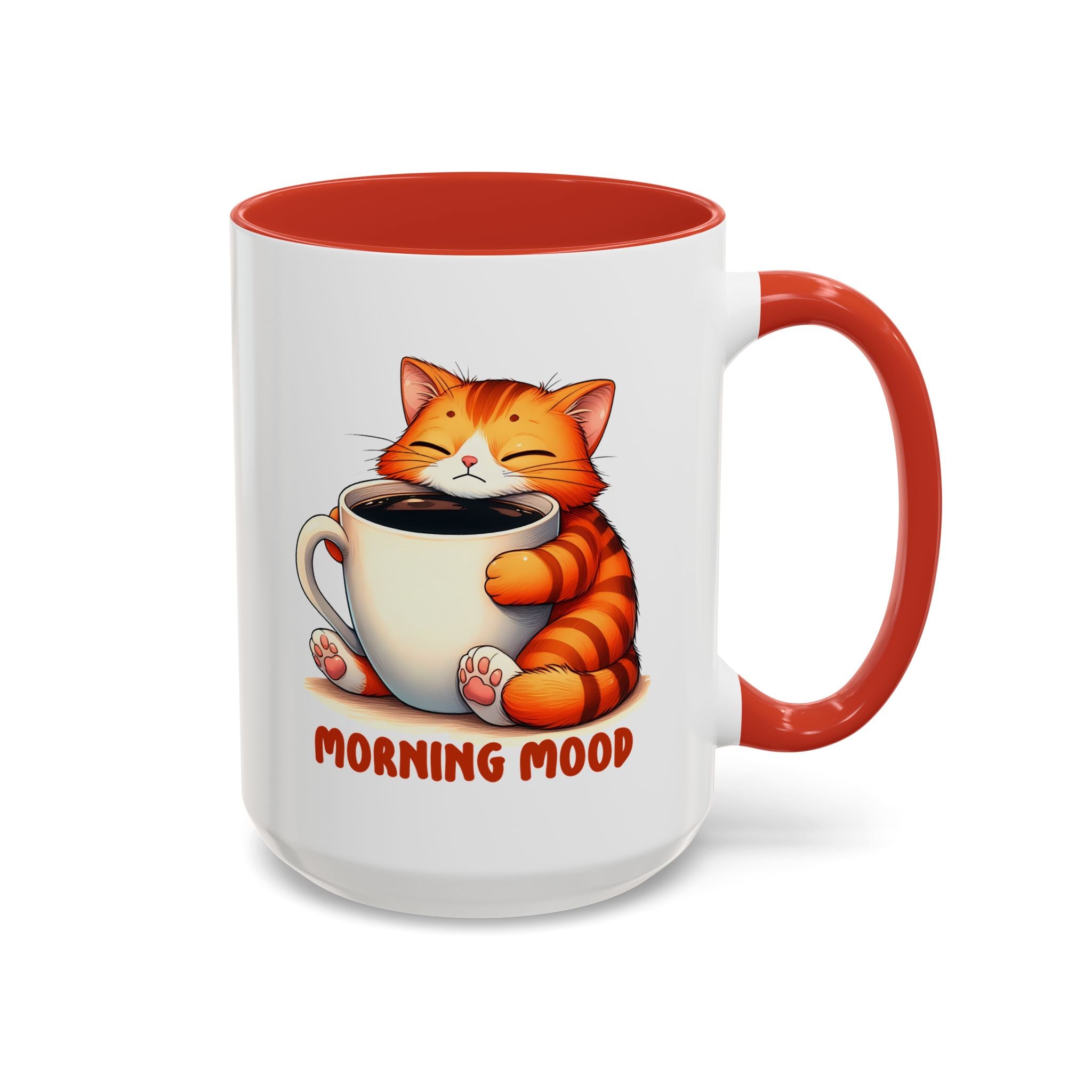 Morning Mood Cat Coffee Mug — Cute Orange Cat Holding Cup (11/15oz)