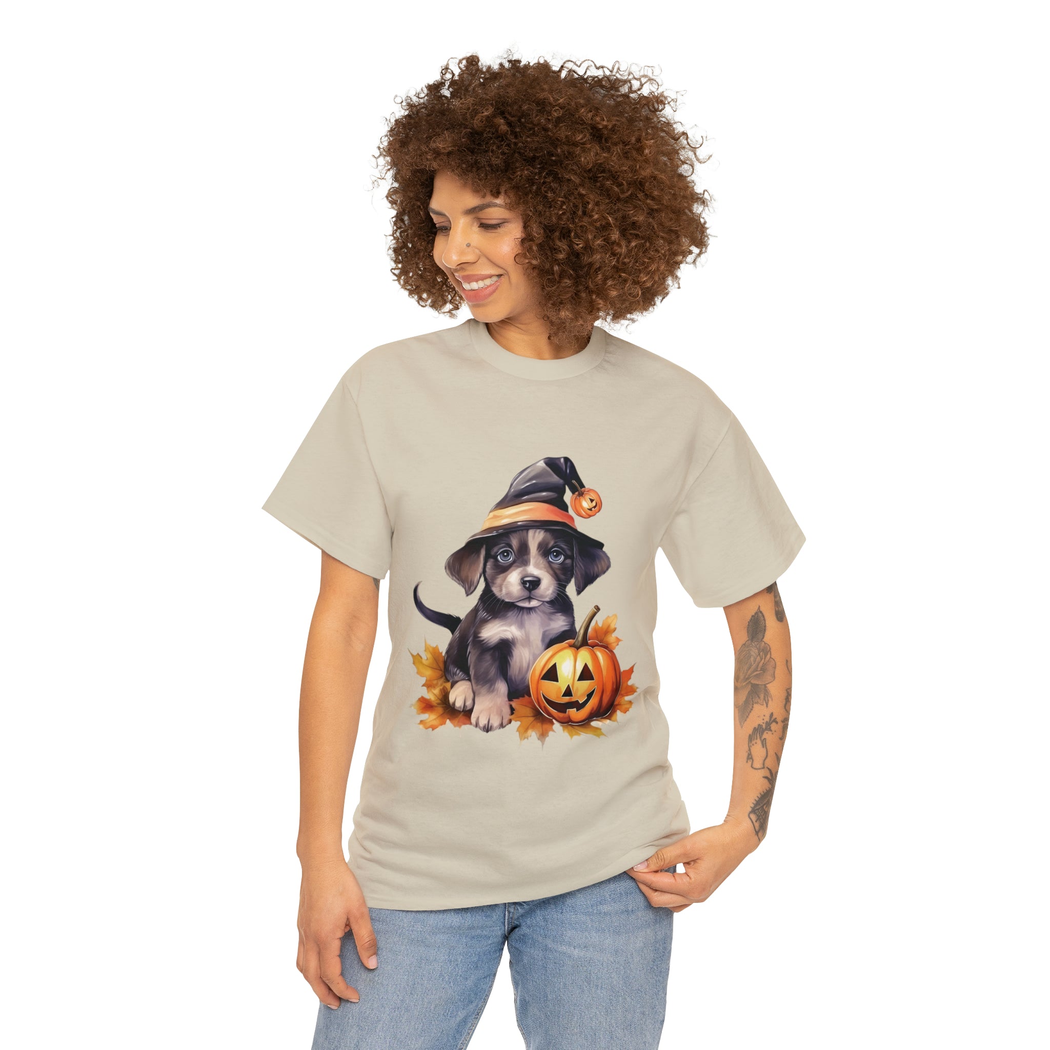 halloween t shirt puppy in witch hat cute gift for her stocking stuffer fall fun item for whole family Unisex Heavy Cotton Tee