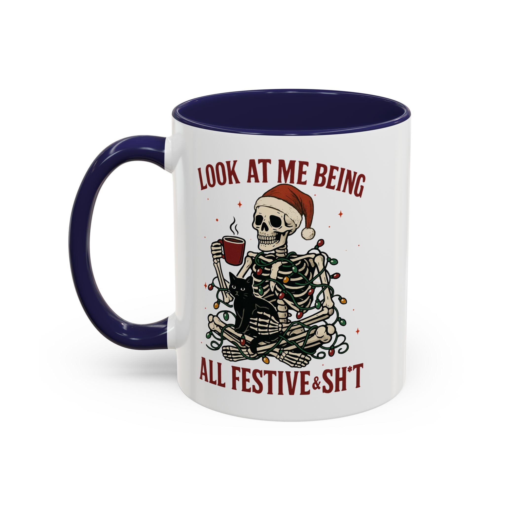 Festive Skeleton Coffee Mug, Unique Holiday Gift, Halloween Decor, Cat Lover's Mug, Funny Gift for Friends
