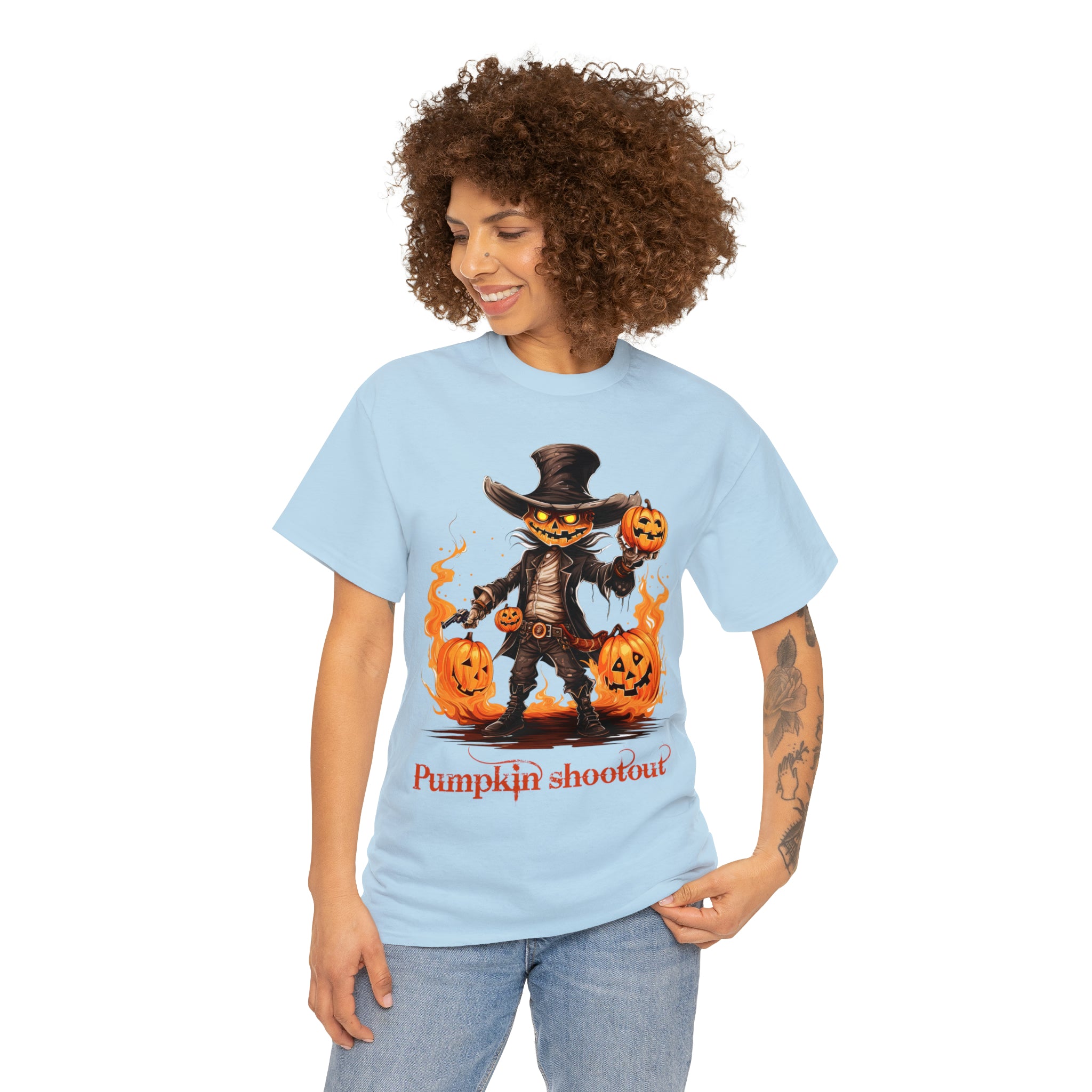 Halloween t shirt pumpkin western style shootout funny fall fun scary stocking stuffer for whole family  cotton tee