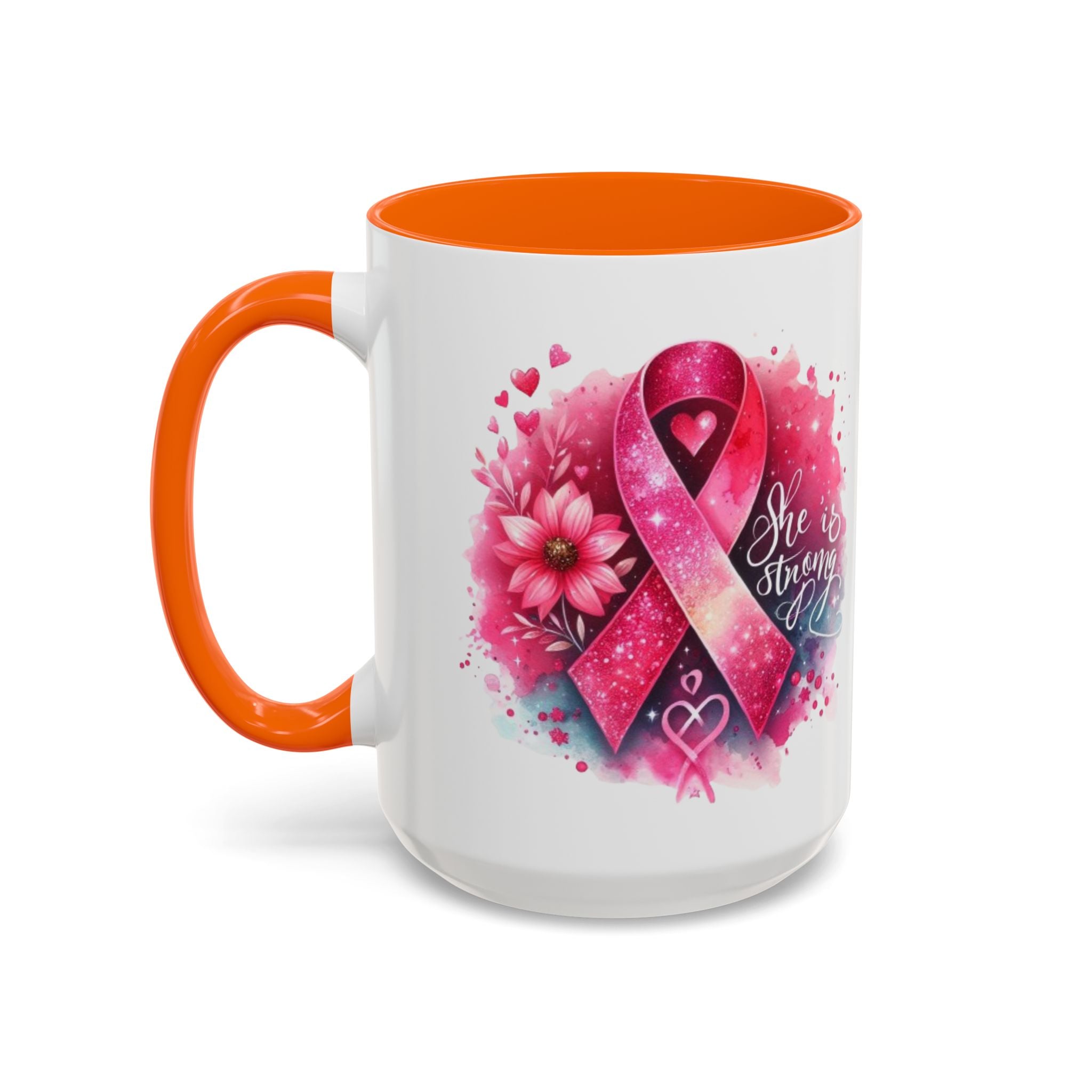Breast Cancer Awareness Coffee Mug - Inspirational Gift, Motivational Drinkware, Supportive Cup, Pink Ribbon Design, She Is Strong