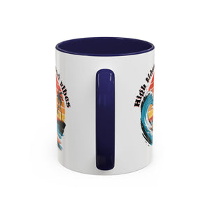Surfing Cat Coffee Mug - High Tides & Good Vibes - Beach Lover Gift animal lover funny
