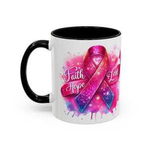 Inspirational Ribbon Coffee Mug - Faith, Hope, Love, Support, Gift for Cancer Awareness, Breast Cancer, Encouragement, Motivational