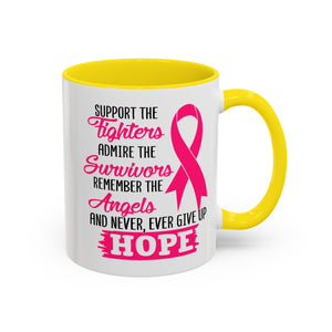 Inspirational Pink Ribbon Coffee Mug: Support Fighters, Admire Survivors, Celebrate Hope, Gift for Cancer Awareness, Motivational Mug