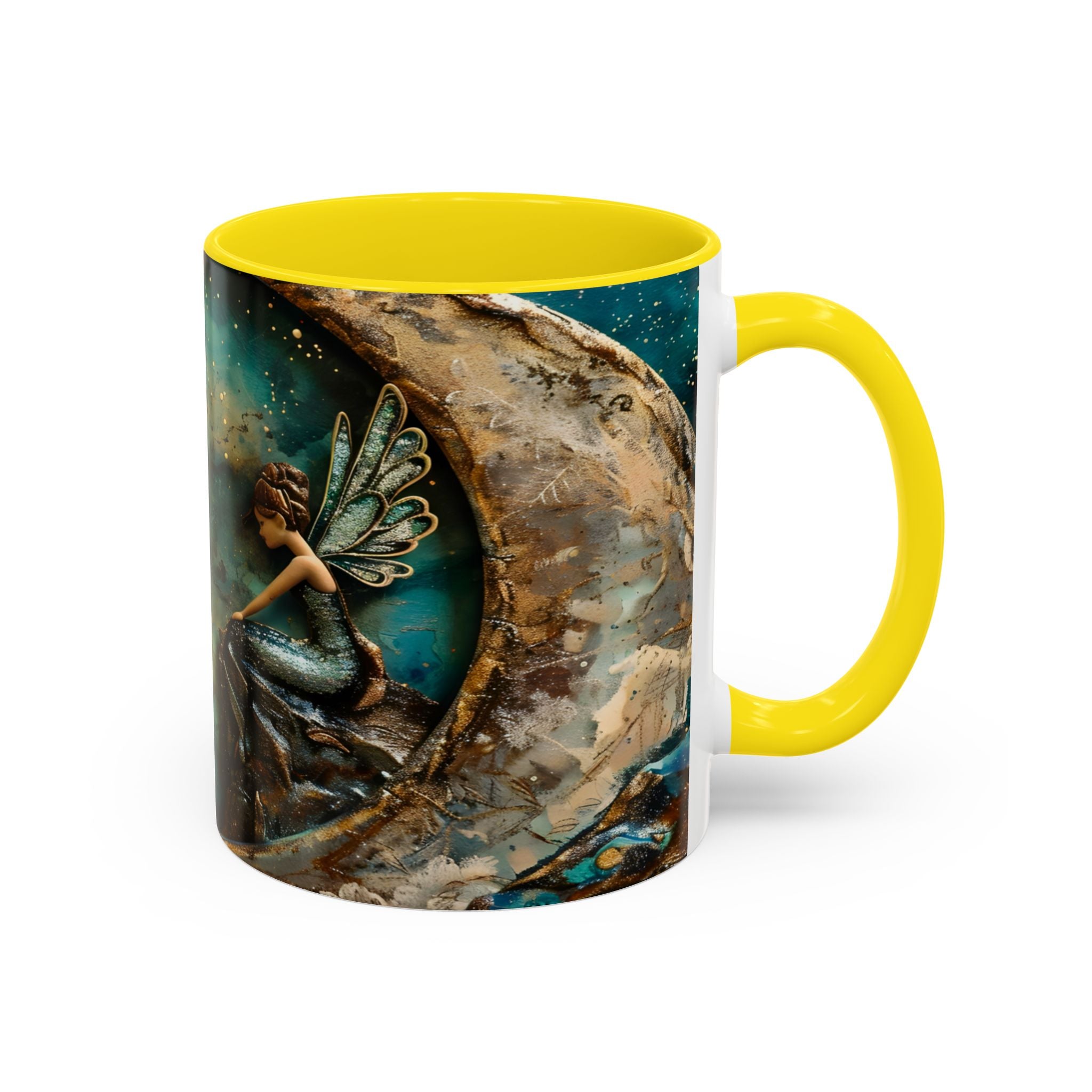 Fairy on the Moon Accent Coffee Mug – Mystical Teal Celestial Ceramic Mug (11/15oz) fantasy
