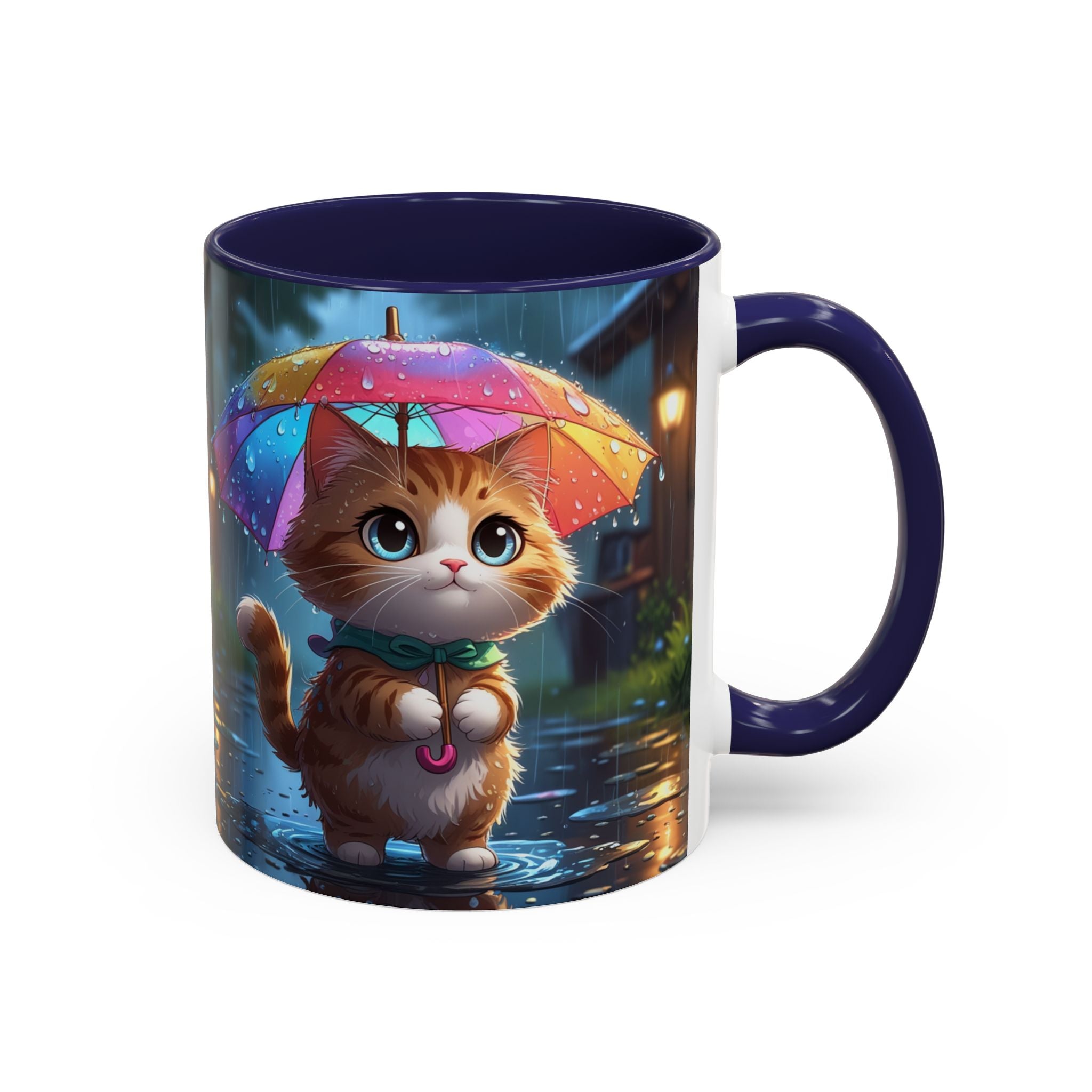 Cute Rainy Day Cat Mug — Kawaii Kitten with Rainbow Umbrella Coffee Cup (11/15oz)