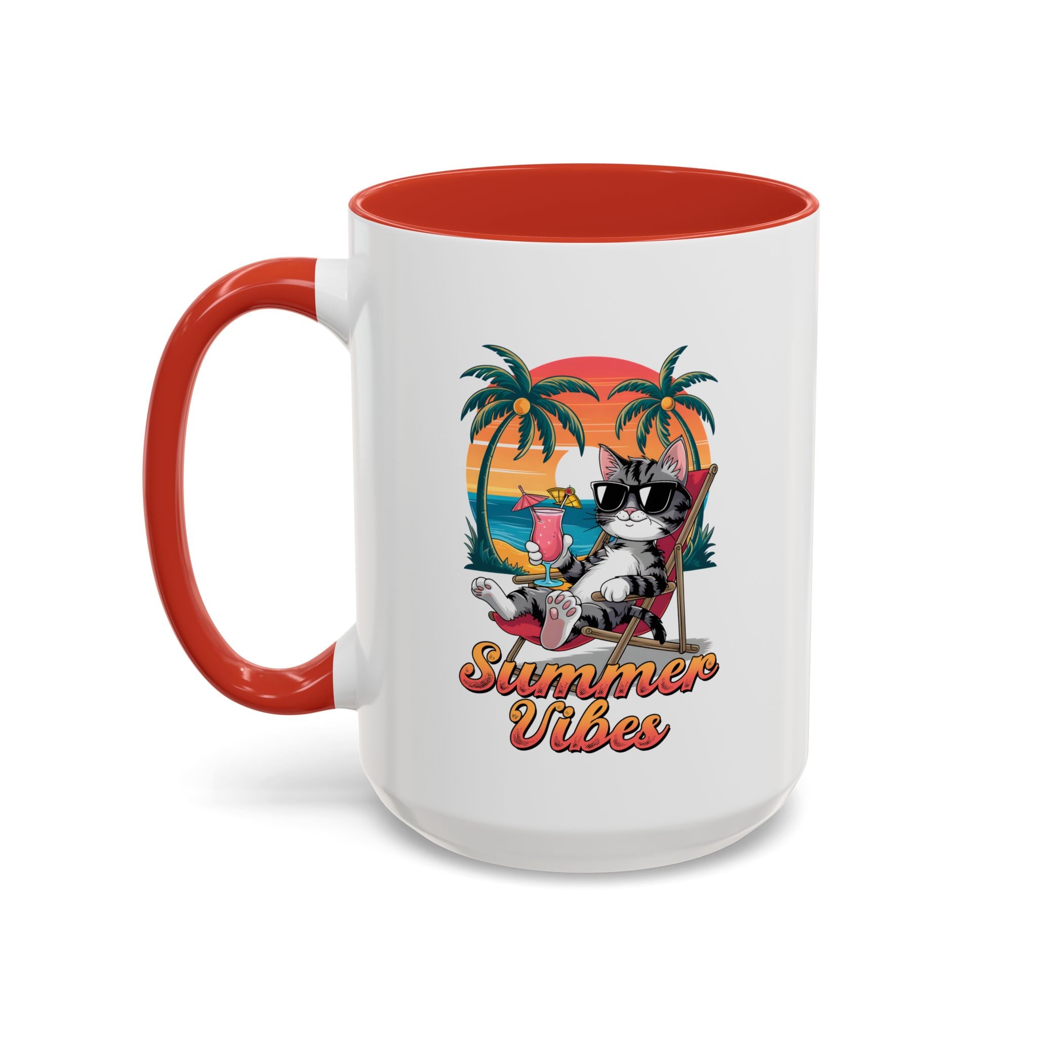 Summer Vibes Coffee Mug, Tropical Cat Mug, Beach Lover Gift, Fun Animal Sipware, Vacation-themed Drinkware, Pet Lover Cup