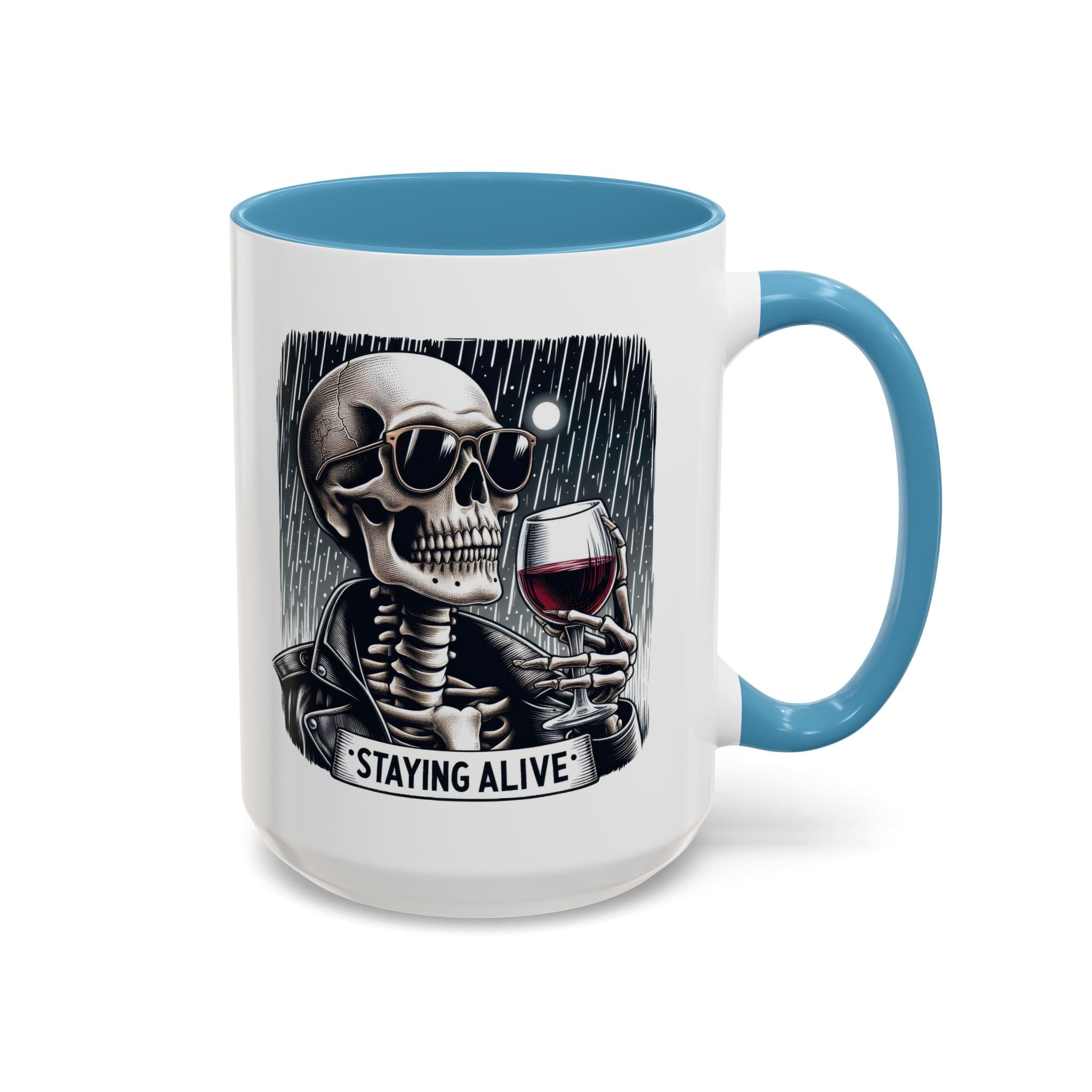 Stylish Skull Coffee Mug, Gothic Drinkware, Staying Alive Gift for Halloween, Funny Office Mug, Alternative Drinkware