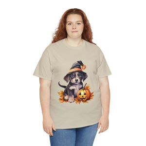 halloween t shirt puppy in witch hat cute gift for her stocking stuffer fall fun item for whole family Unisex Heavy Cotton Tee