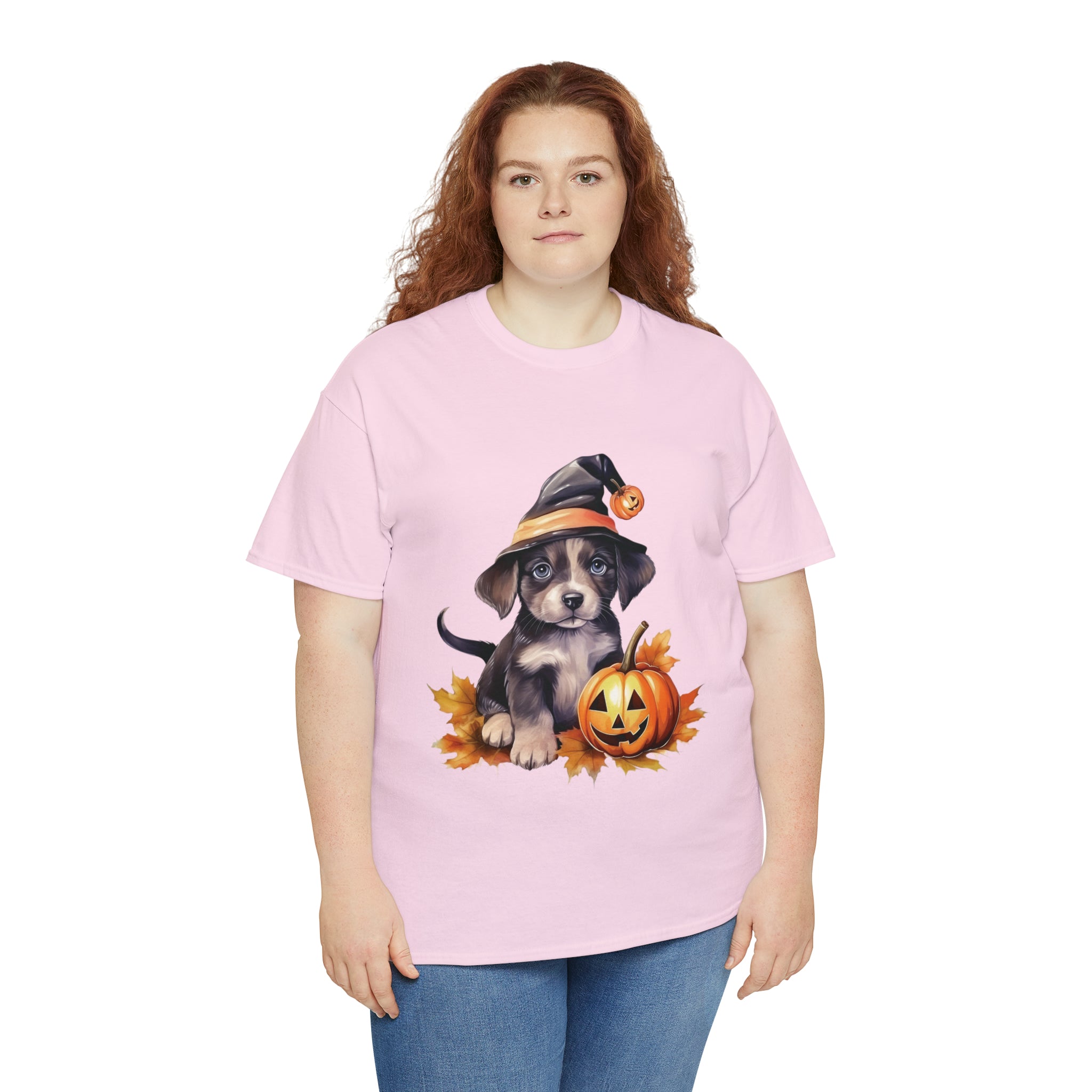 halloween t shirt puppy in witch hat cute gift for her stocking stuffer fall fun item for whole family Unisex Heavy Cotton Tee
