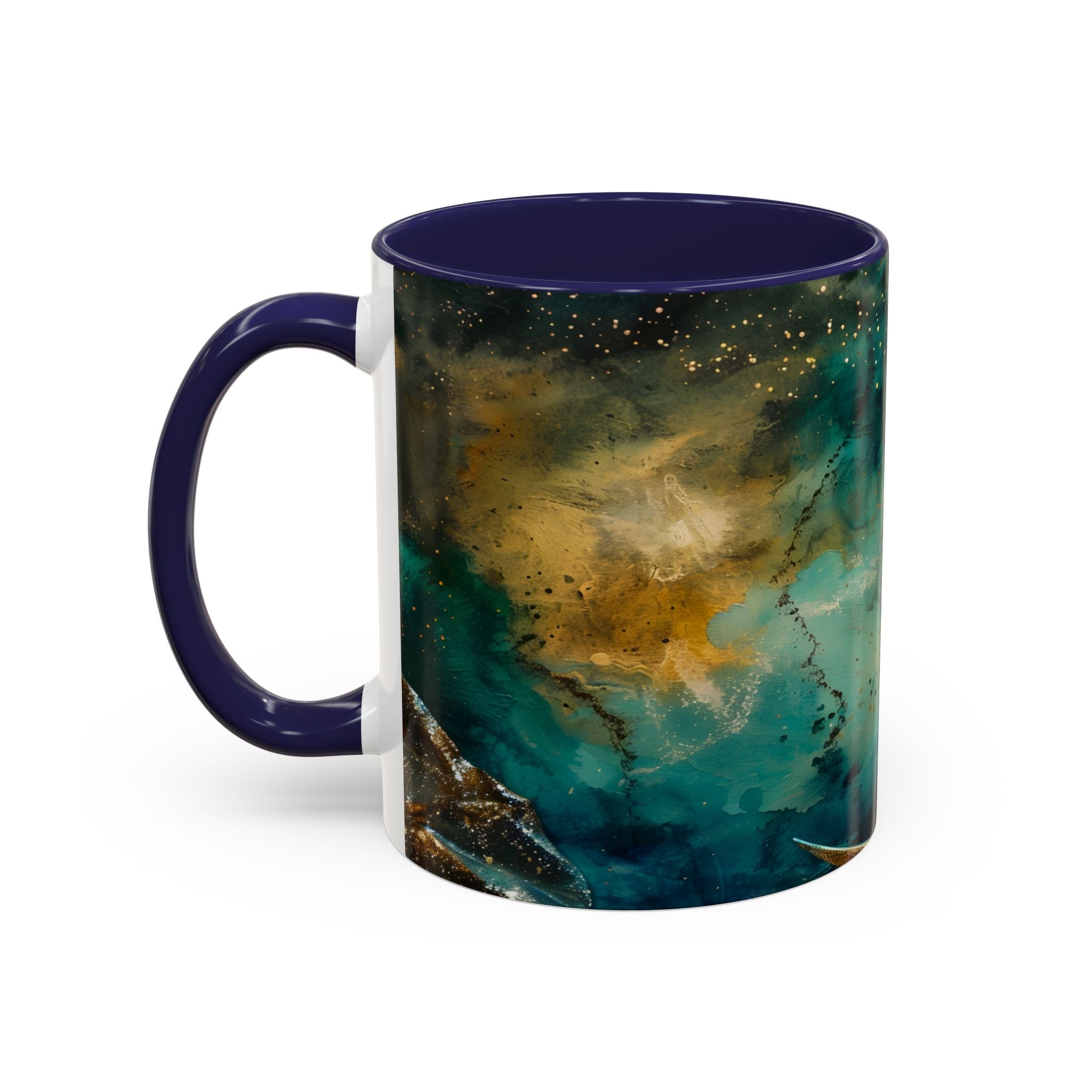 Fairy on the Moon Accent Coffee Mug – Mystical Teal Celestial Ceramic Mug (11/15oz) fantasy
