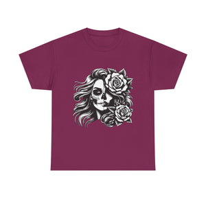 Skull & Rose Unisex Heavy Cotton Tee - Edgy Floral Graphic T-Shirt
