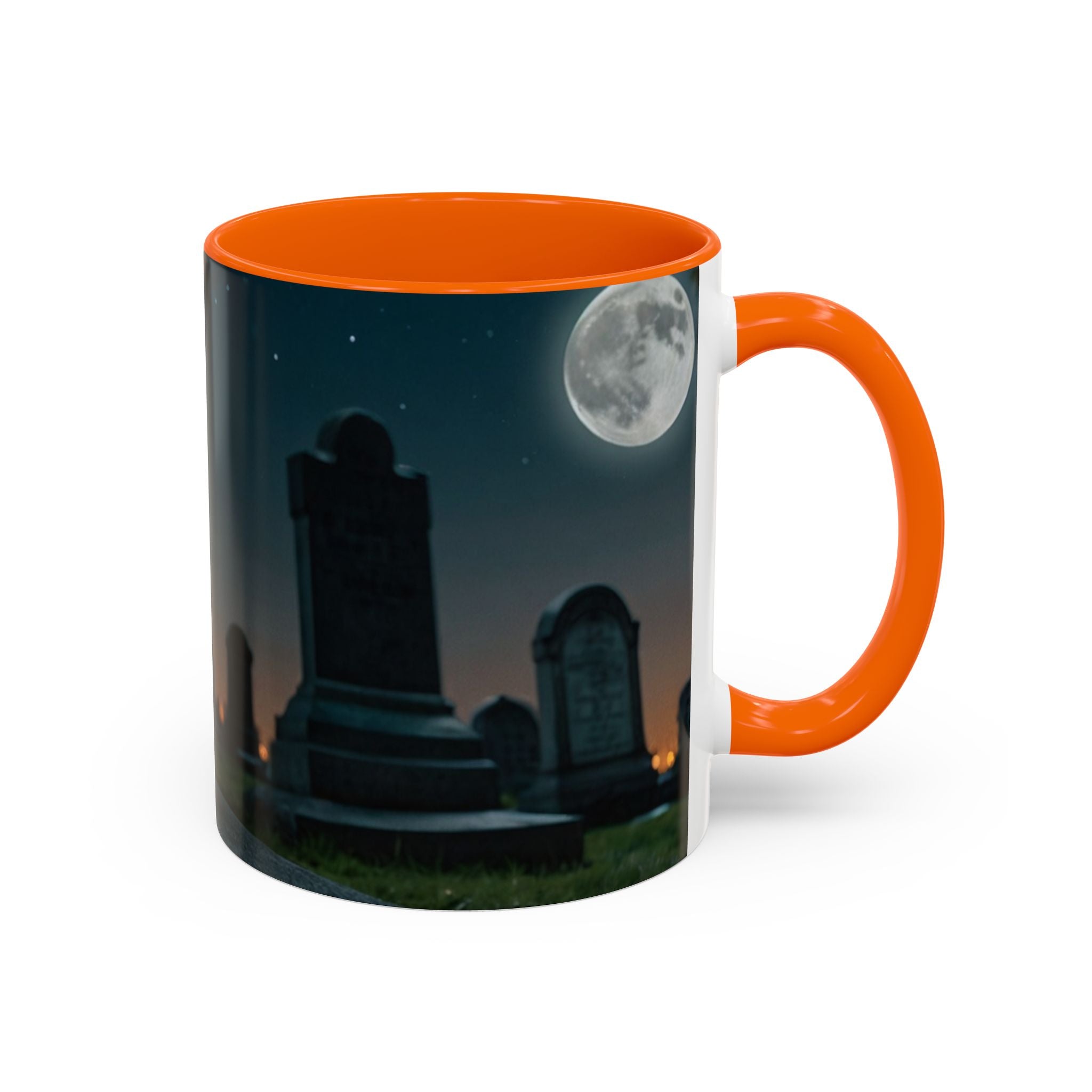 Spooky Black Cat Accent Coffee Mug in graveyard at night with full moon halloween