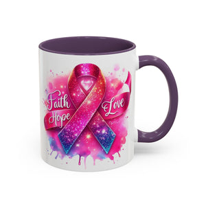 Inspirational Ribbon Coffee Mug - Faith, Hope, Love, Support, Gift for Cancer Awareness, Breast Cancer, Encouragement, Motivational