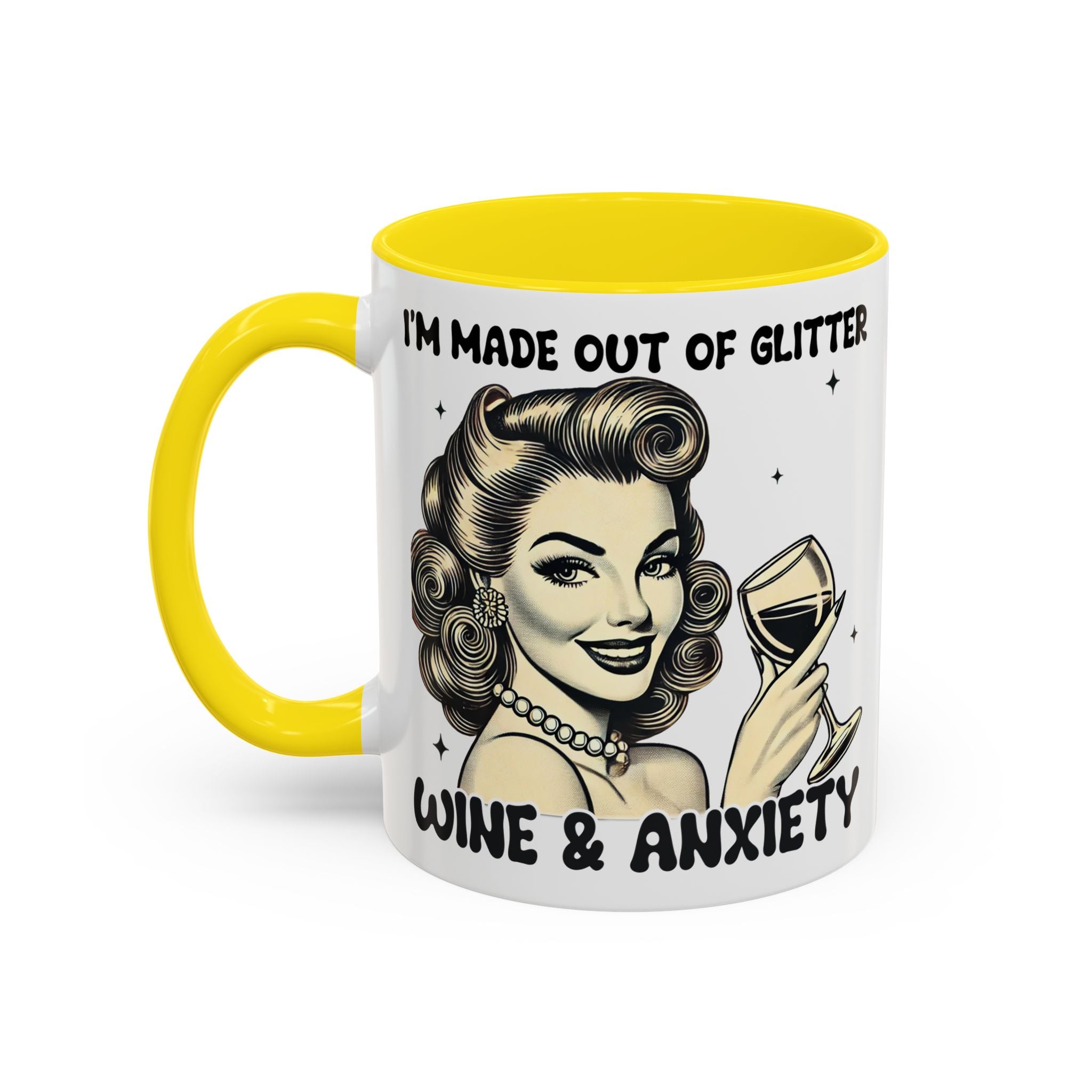 Wine & Anxiety Coffee Mug — "I'm Made Out of Glitter, Wine & Anxiety" Retro Accent Mug