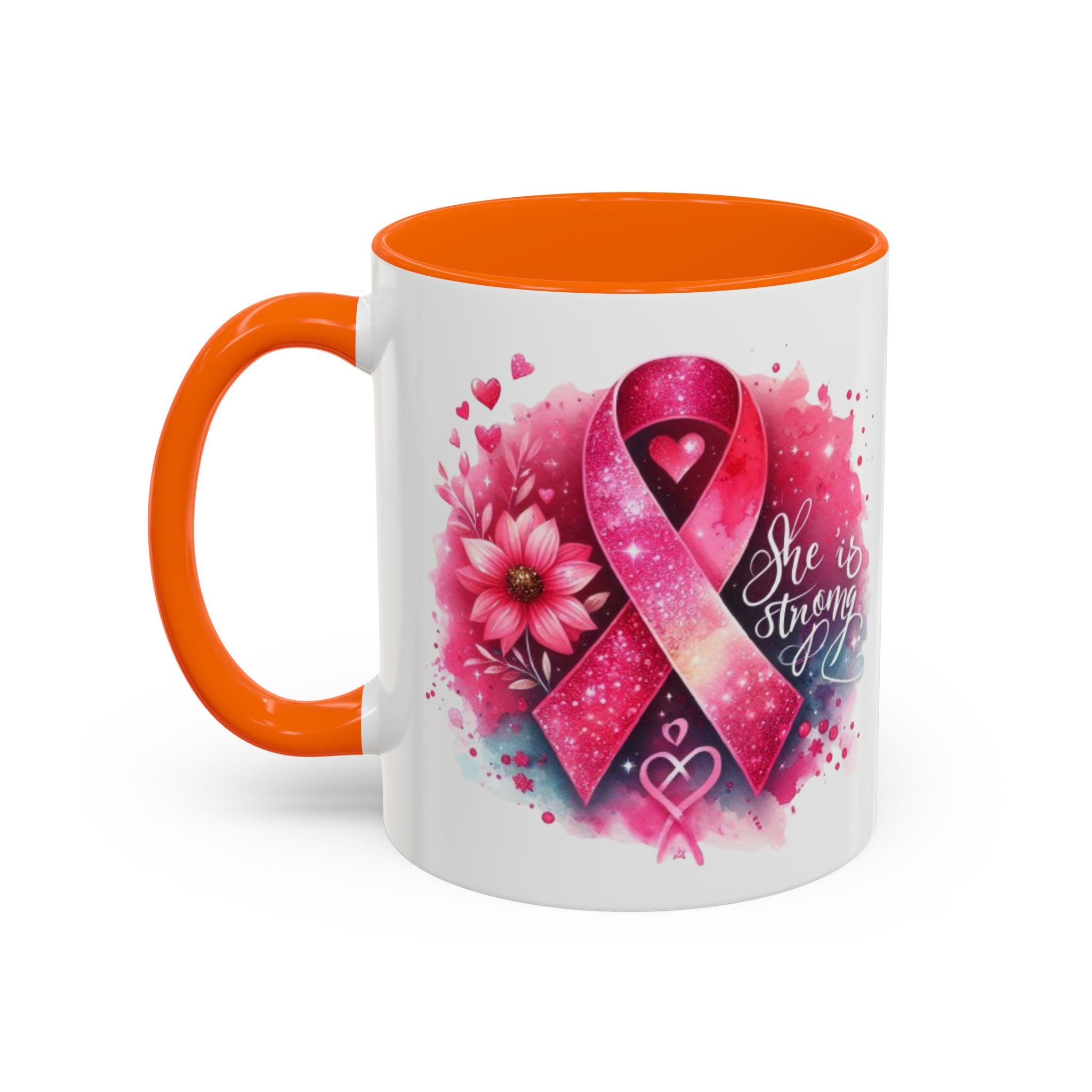 Breast Cancer Awareness Coffee Mug - Inspirational Gift, Motivational Drinkware, Supportive Cup, Pink Ribbon Design, She Is Strong