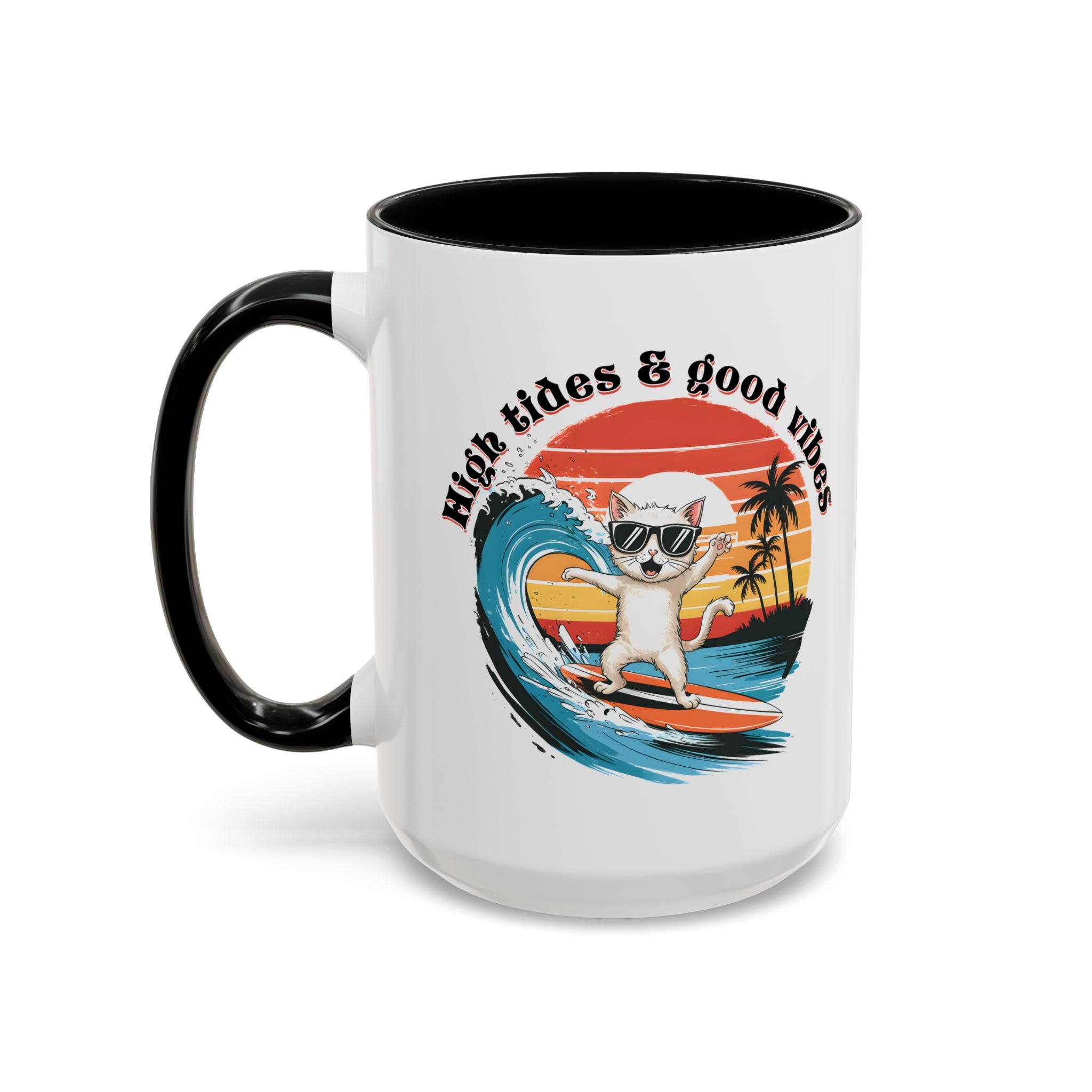 Surfing Cat Coffee Mug - High Tides & Good Vibes - Beach Lover Gift animal lover funny