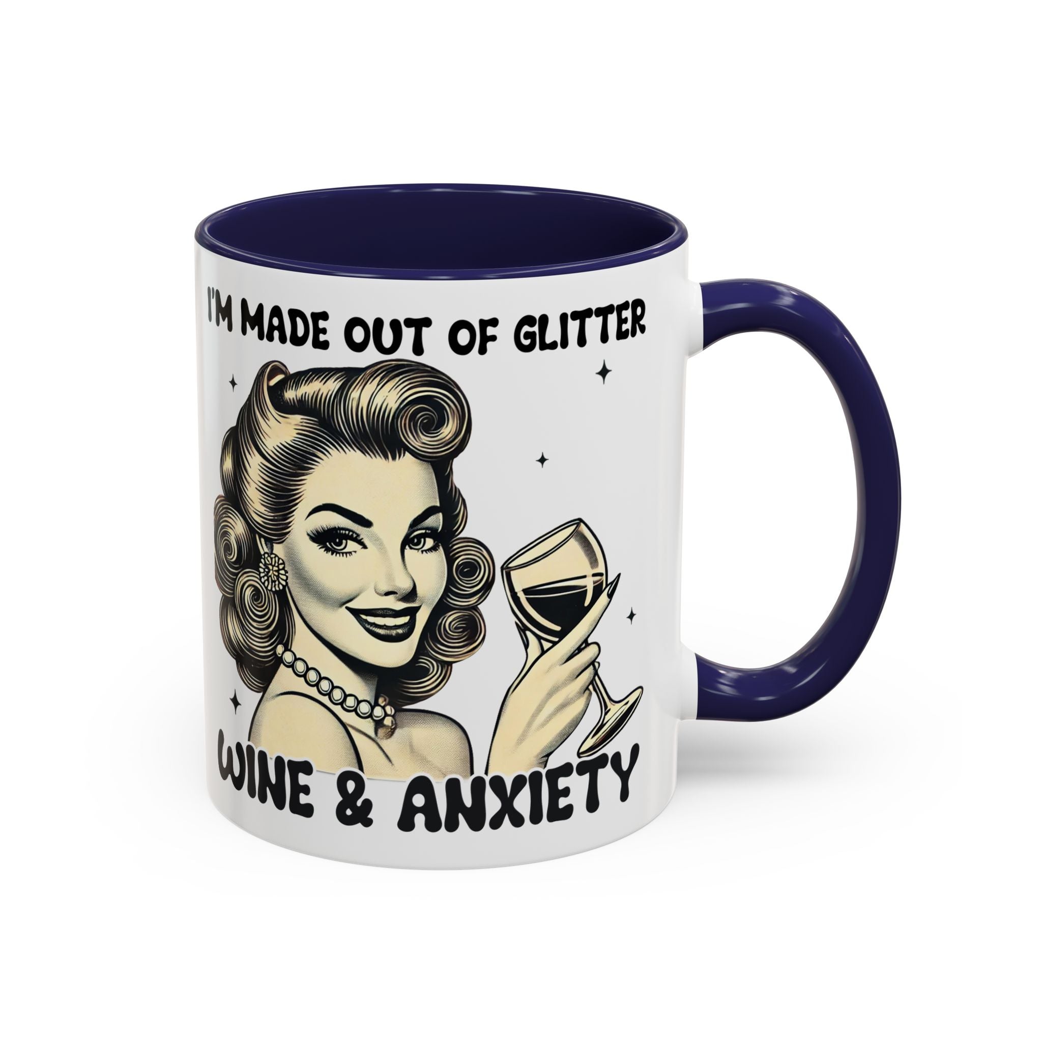 Wine & Anxiety Coffee Mug — "I'm Made Out of Glitter, Wine & Anxiety" Retro Accent Mug