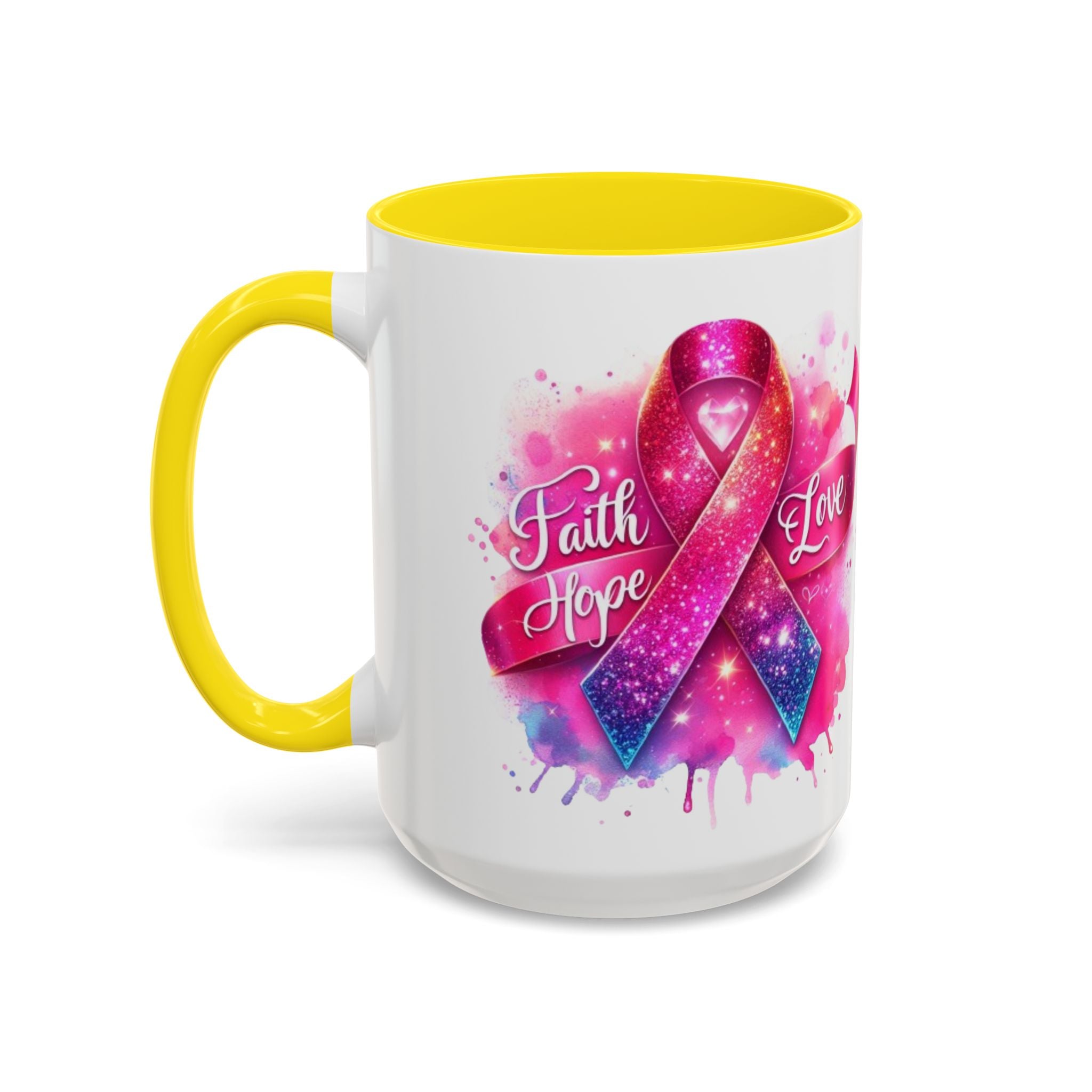 Inspirational Ribbon Coffee Mug - Faith, Hope, Love, Support, Gift for Cancer Awareness, Breast Cancer, Encouragement, Motivational