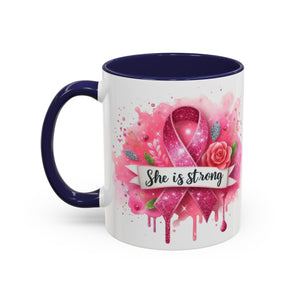 Empowering Pink Ribbon Coffee Mug - She Is Strong, Inspirational Gift for Breast Cancer Awareness, Motivational Drinkware, Supportive [...]