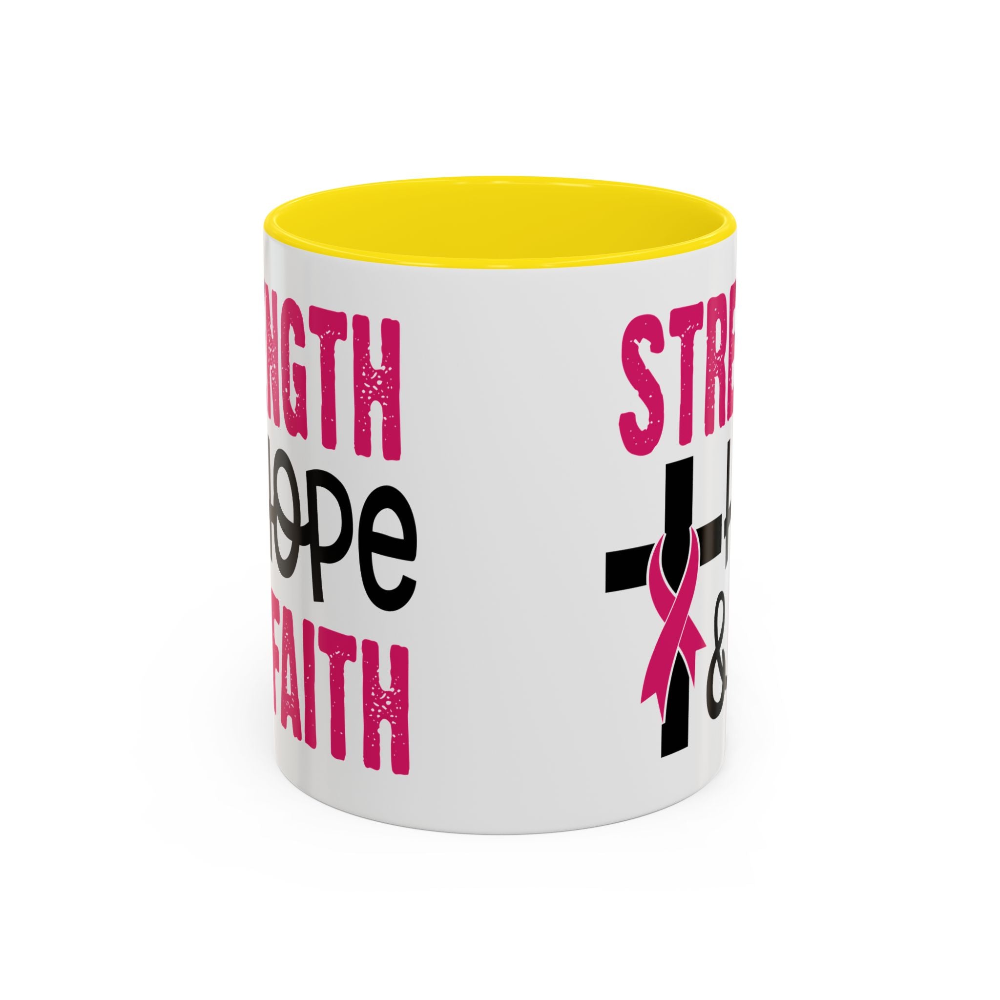 Inspirational Coffee Mug - Strength, Hope, Faith, Pink Ribbon, Christian Gifts, Motivational Drinkware, Breast Cancer Awareness