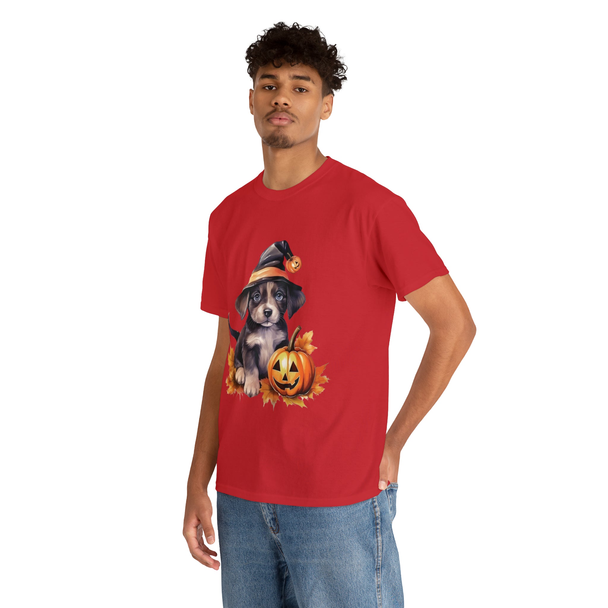 halloween t shirt puppy in witch hat cute gift for her stocking stuffer fall fun item for whole family Unisex Heavy Cotton Tee