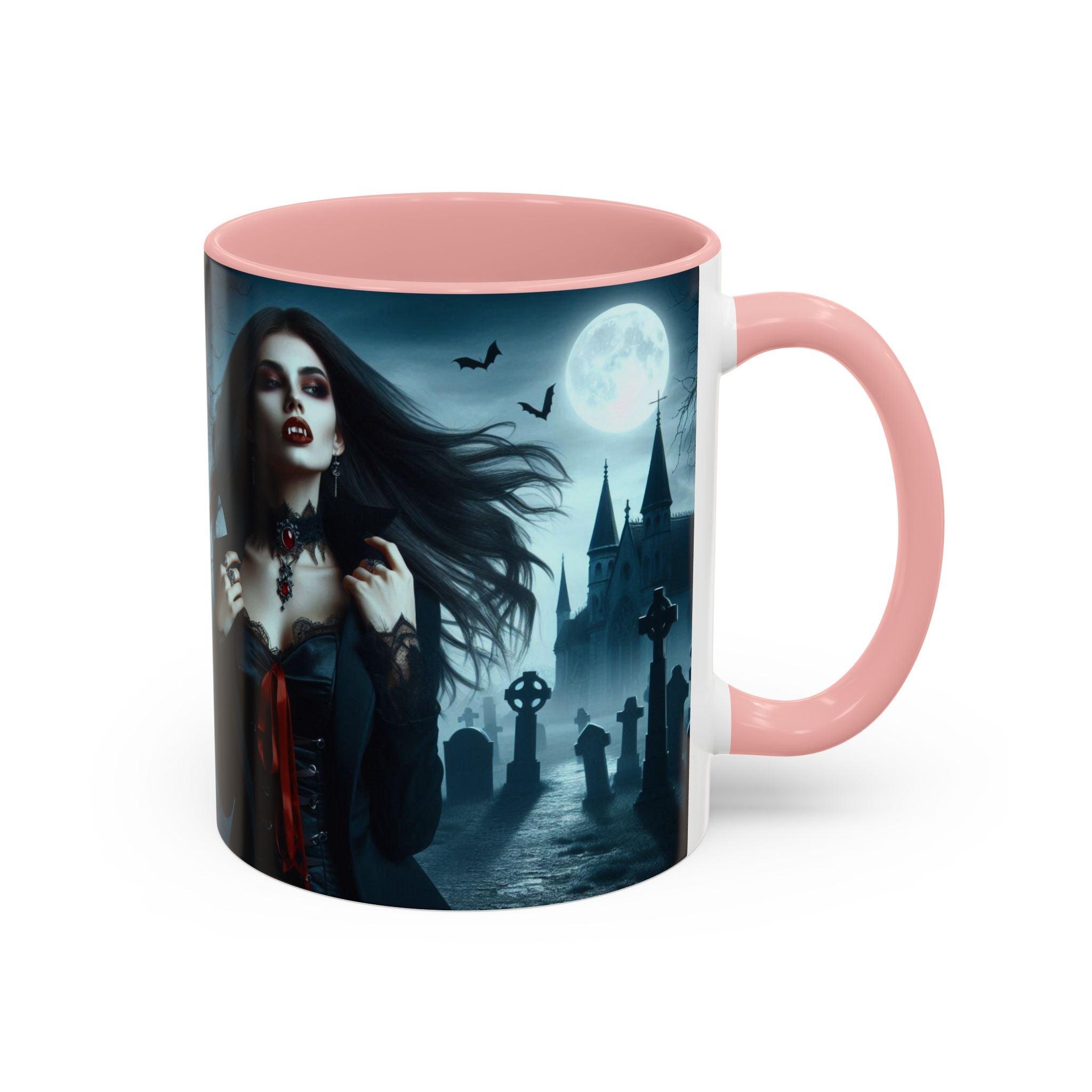 Gothic Vampire Coffee Mug - Spooky Halloween Drinkware in graveyard by castle
