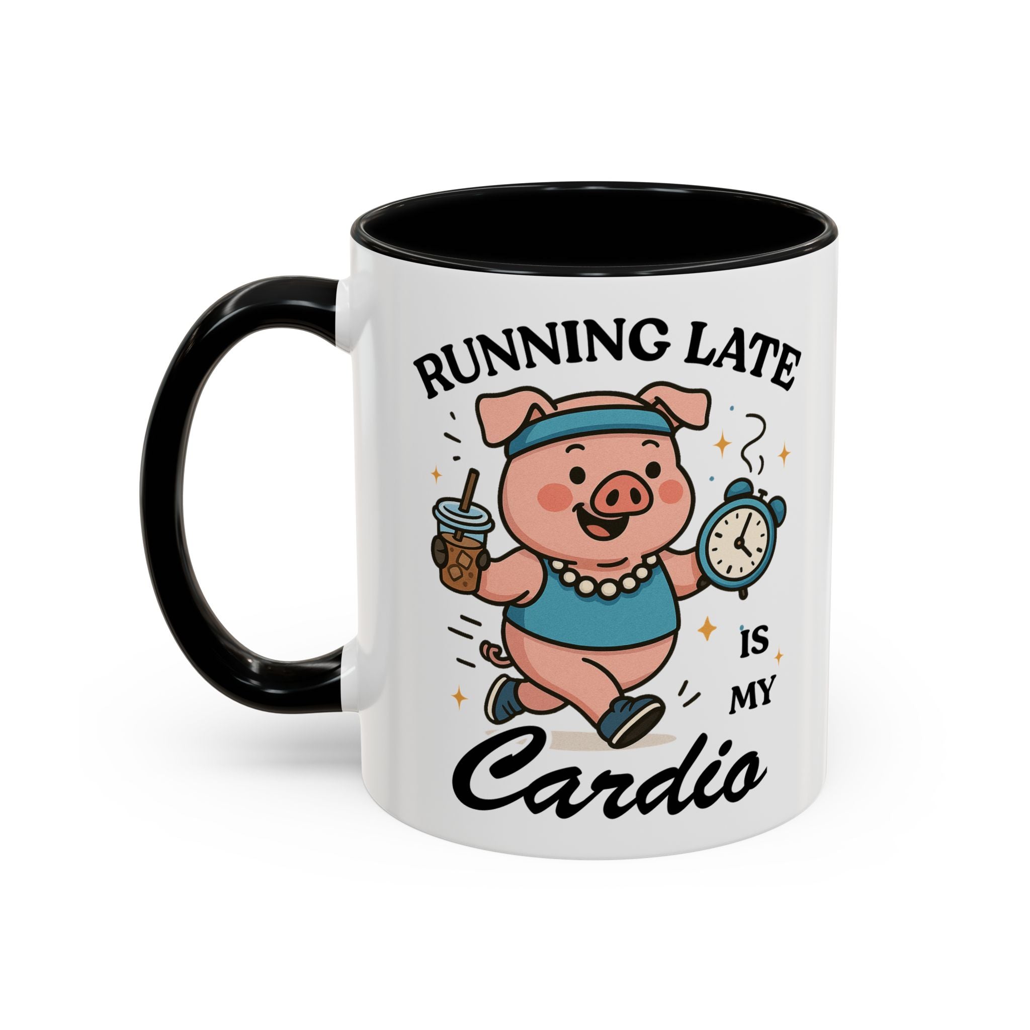 Running Late Is My Cardio Coffee Mug — Funny Pig Jogger Accent Mug (11/15oz)