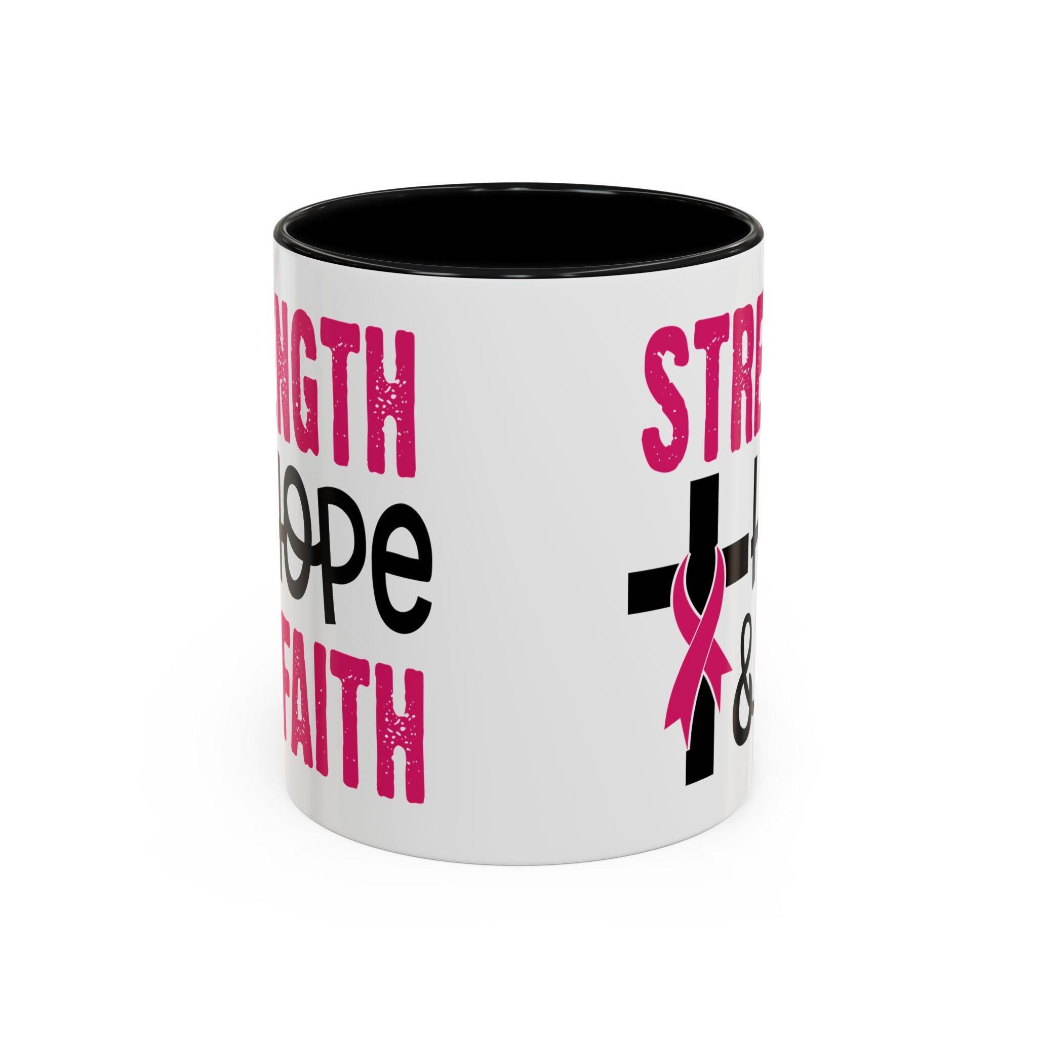 Inspirational Coffee Mug - Strength, Hope, Faith, Pink Ribbon, Christian Gifts, Motivational Drinkware, Breast Cancer Awareness