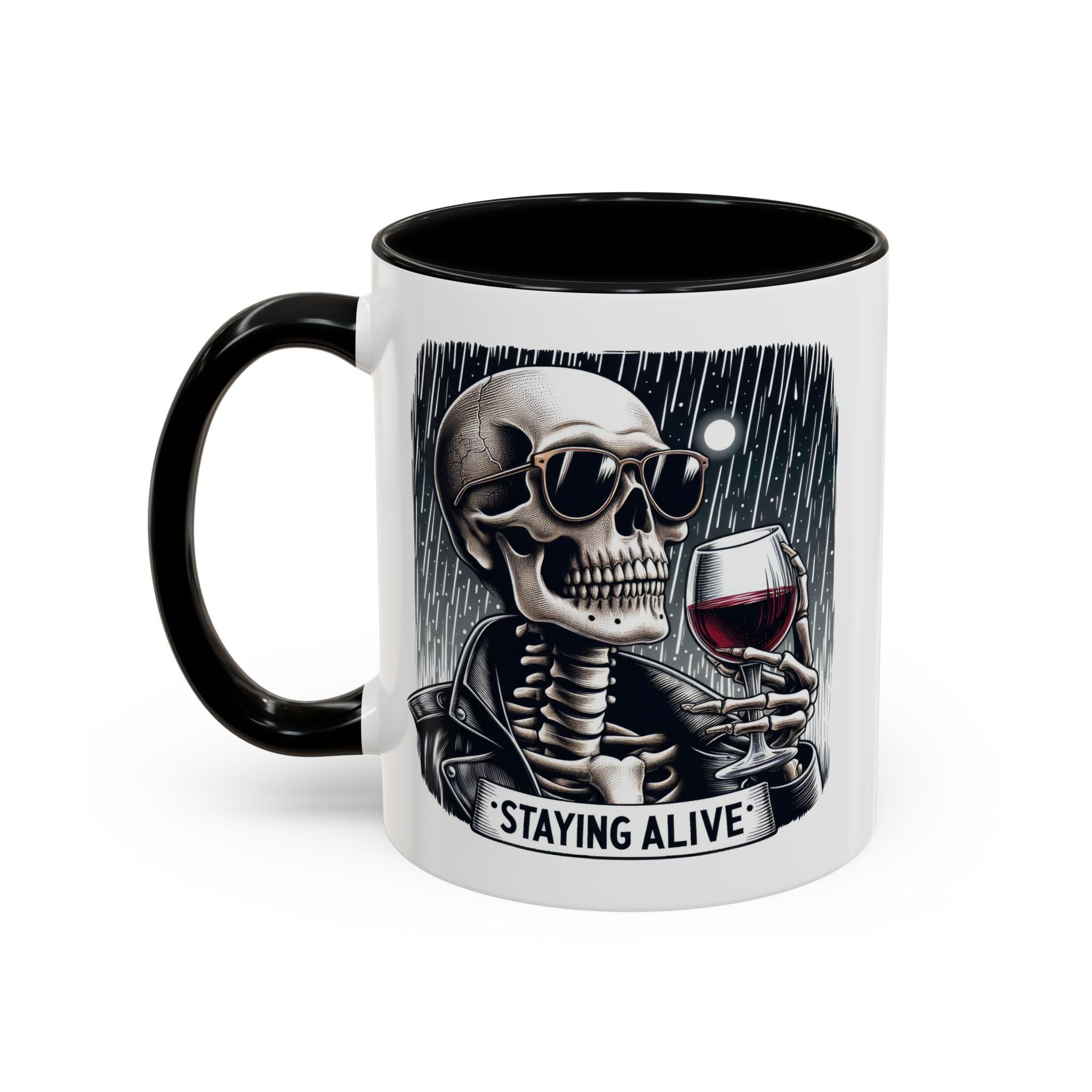 Stylish Skull Coffee Mug, Gothic Drinkware, Staying Alive Gift for Halloween, Funny Office Mug, Alternative Drinkware