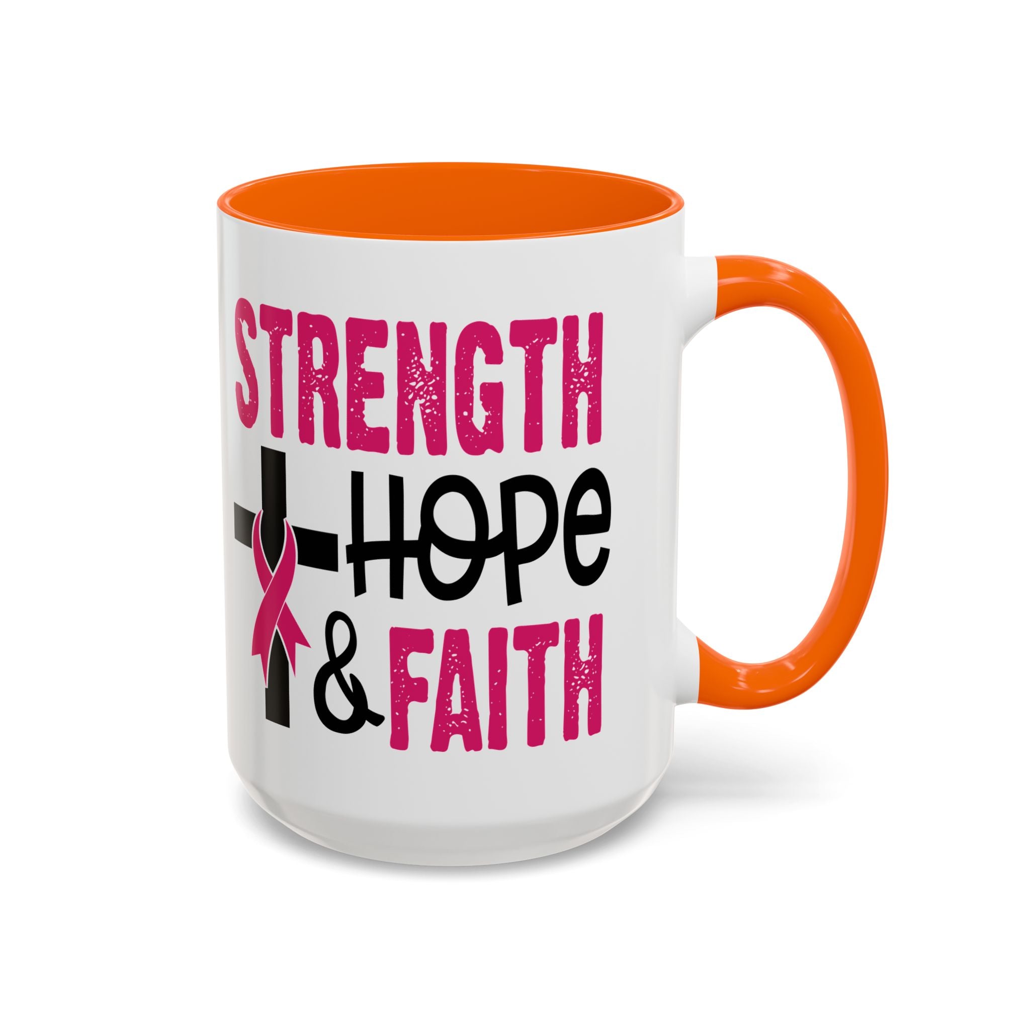 Inspirational Coffee Mug - Strength, Hope, Faith, Pink Ribbon, Christian Gifts, Motivational Drinkware, Breast Cancer Awareness