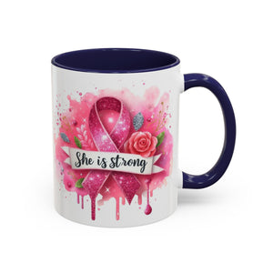 Empowering Pink Ribbon Coffee Mug - She Is Strong, Inspirational Gift for Breast Cancer Awareness, Motivational Drinkware, Supportive [...]