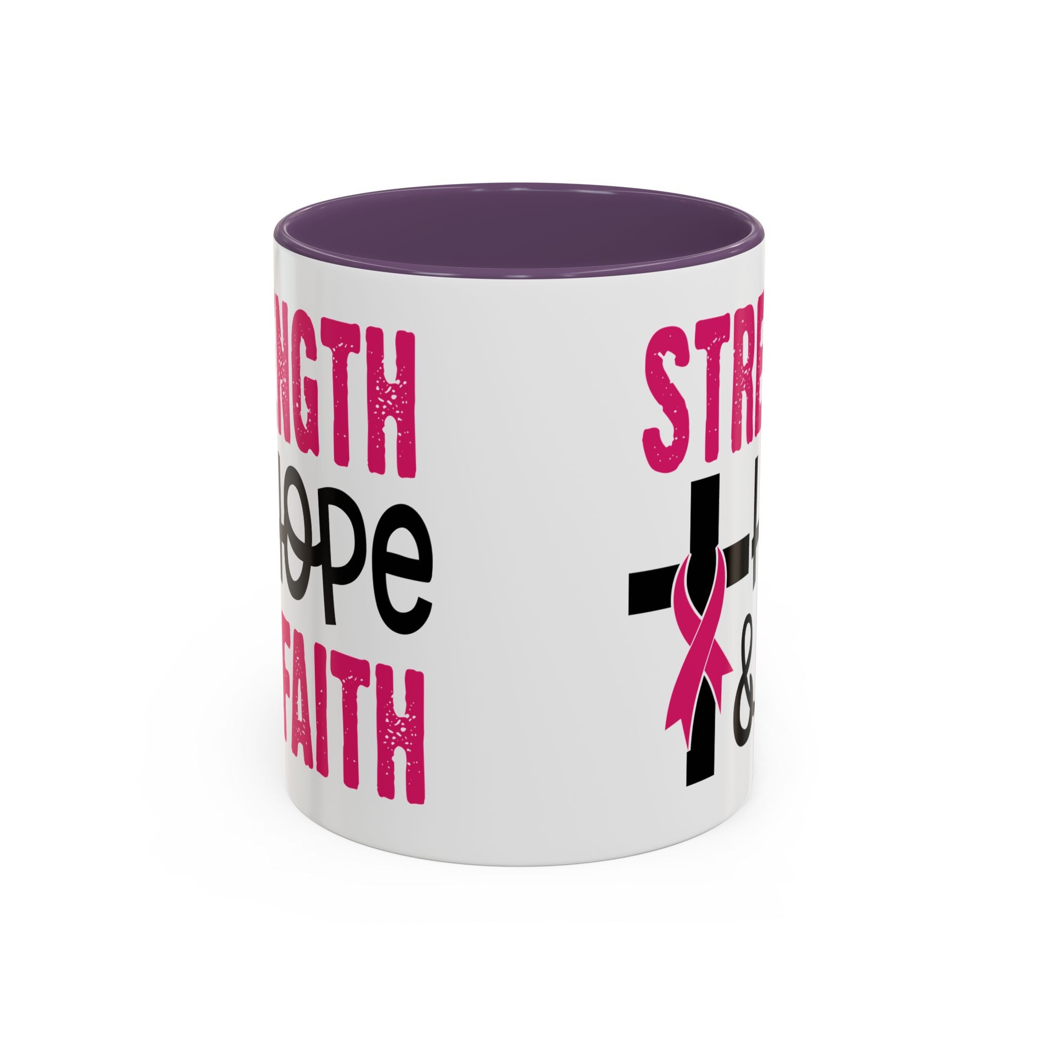 Inspirational Coffee Mug - Strength, Hope, Faith, Pink Ribbon, Christian Gifts, Motivational Drinkware, Breast Cancer Awareness
