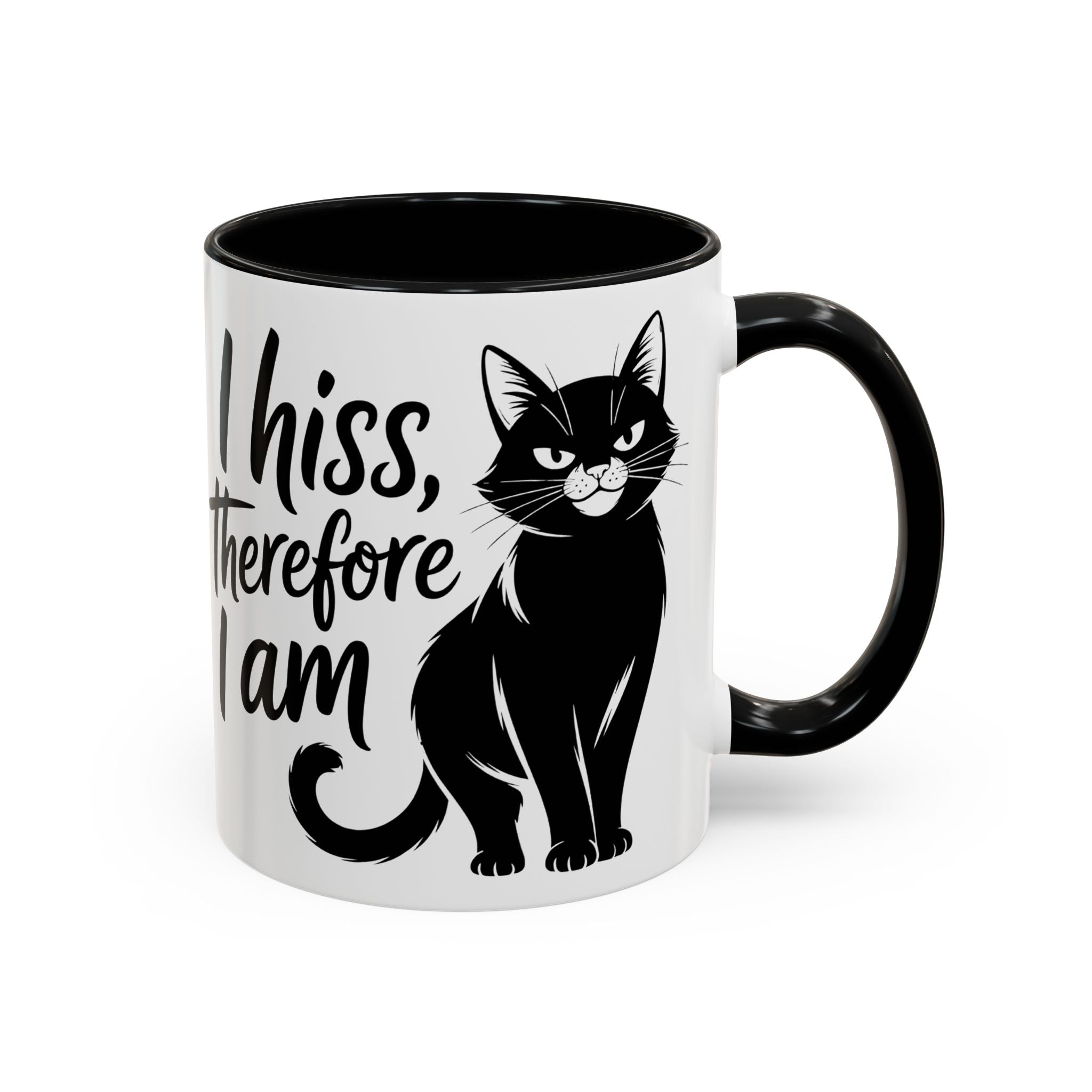 Cat Coffee Mug — "I Hiss Therefore I Am" Black Cat Accent Mug sarcasm attitude