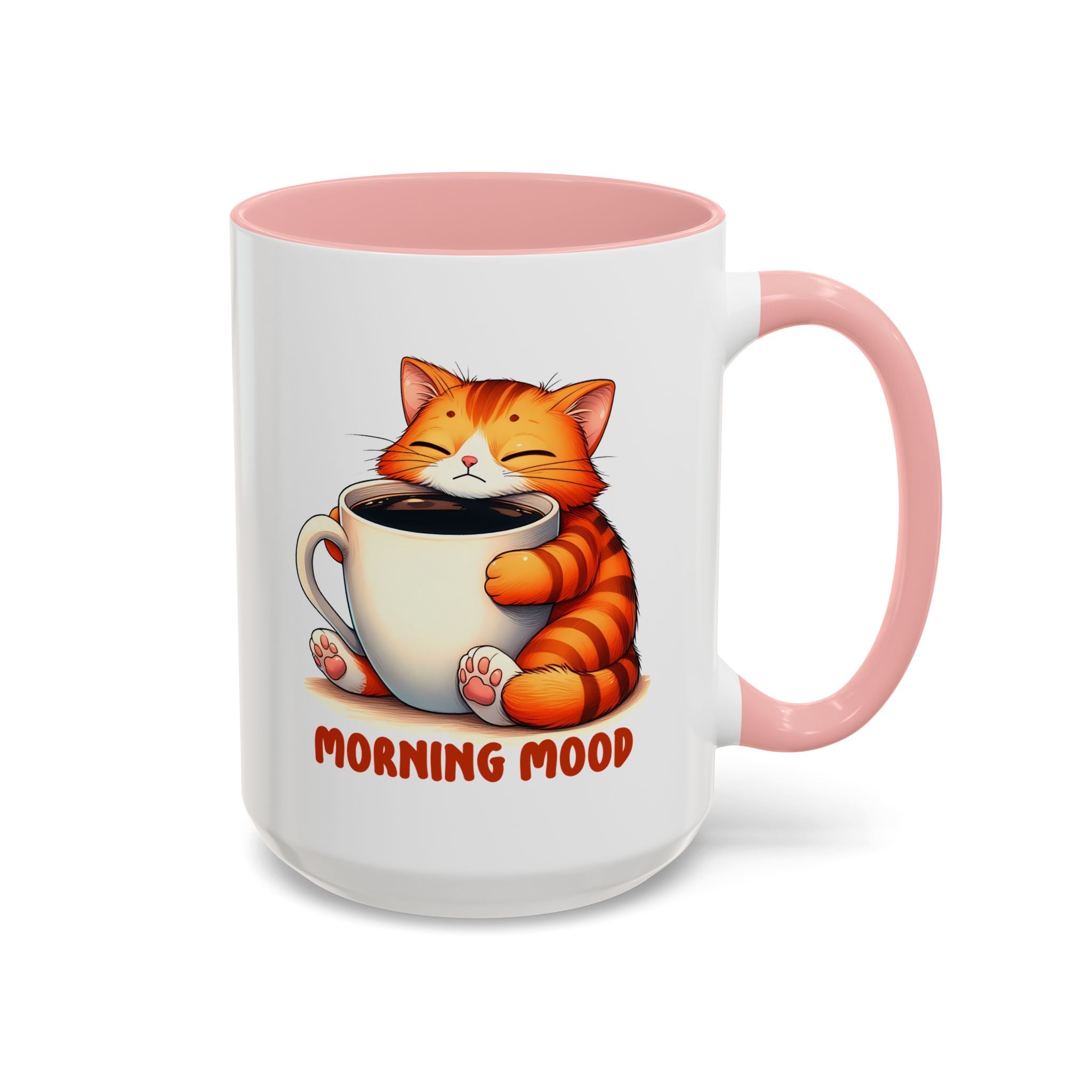Morning Mood Cat Coffee Mug — Cute Orange Cat Holding Cup (11/15oz)