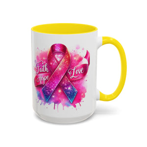 Inspirational Ribbon Coffee Mug - Faith, Hope, Love, Support, Gift for Cancer Awareness, Breast Cancer, Encouragement, Motivational
