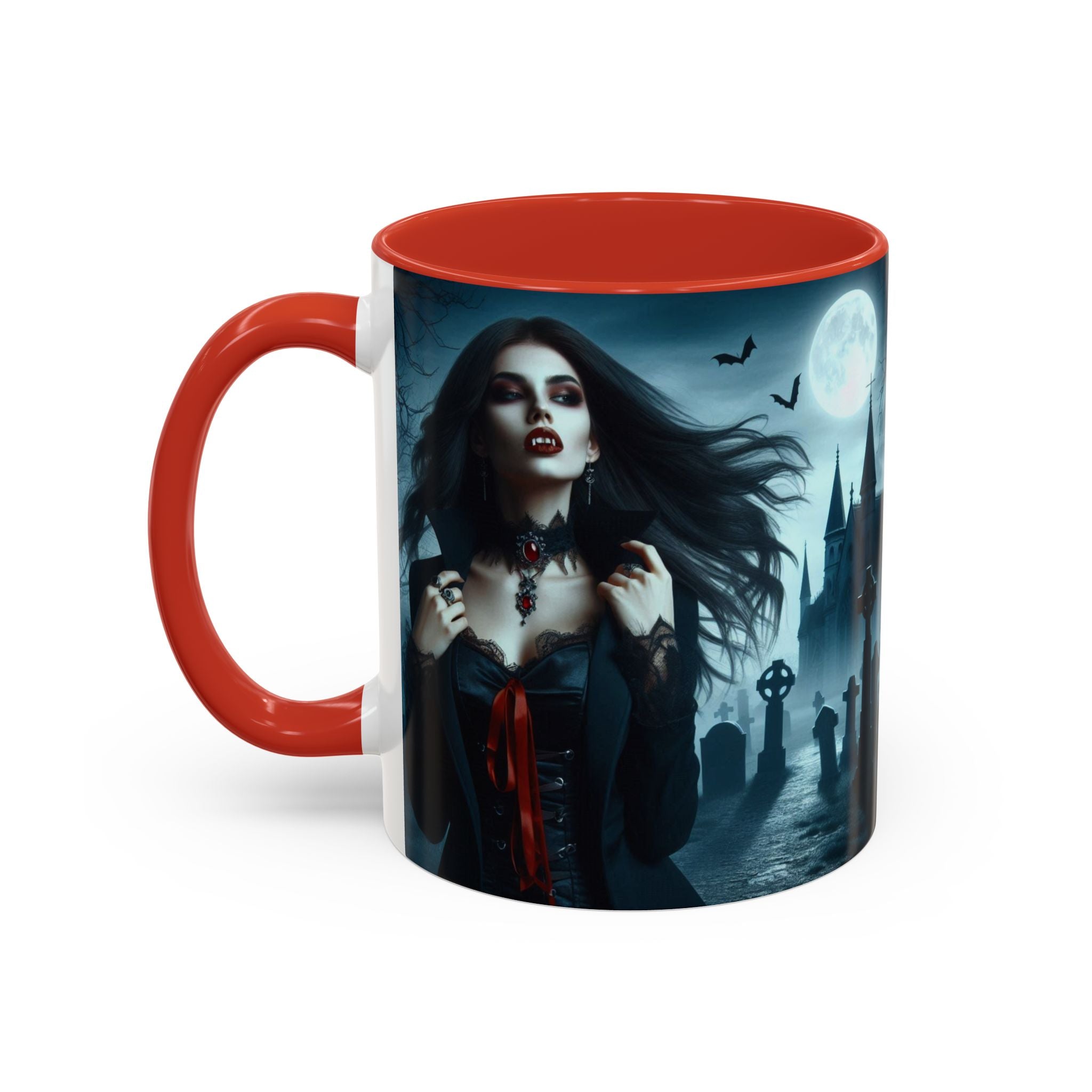 Gothic Vampire Coffee Mug - Spooky Halloween Drinkware in graveyard by castle