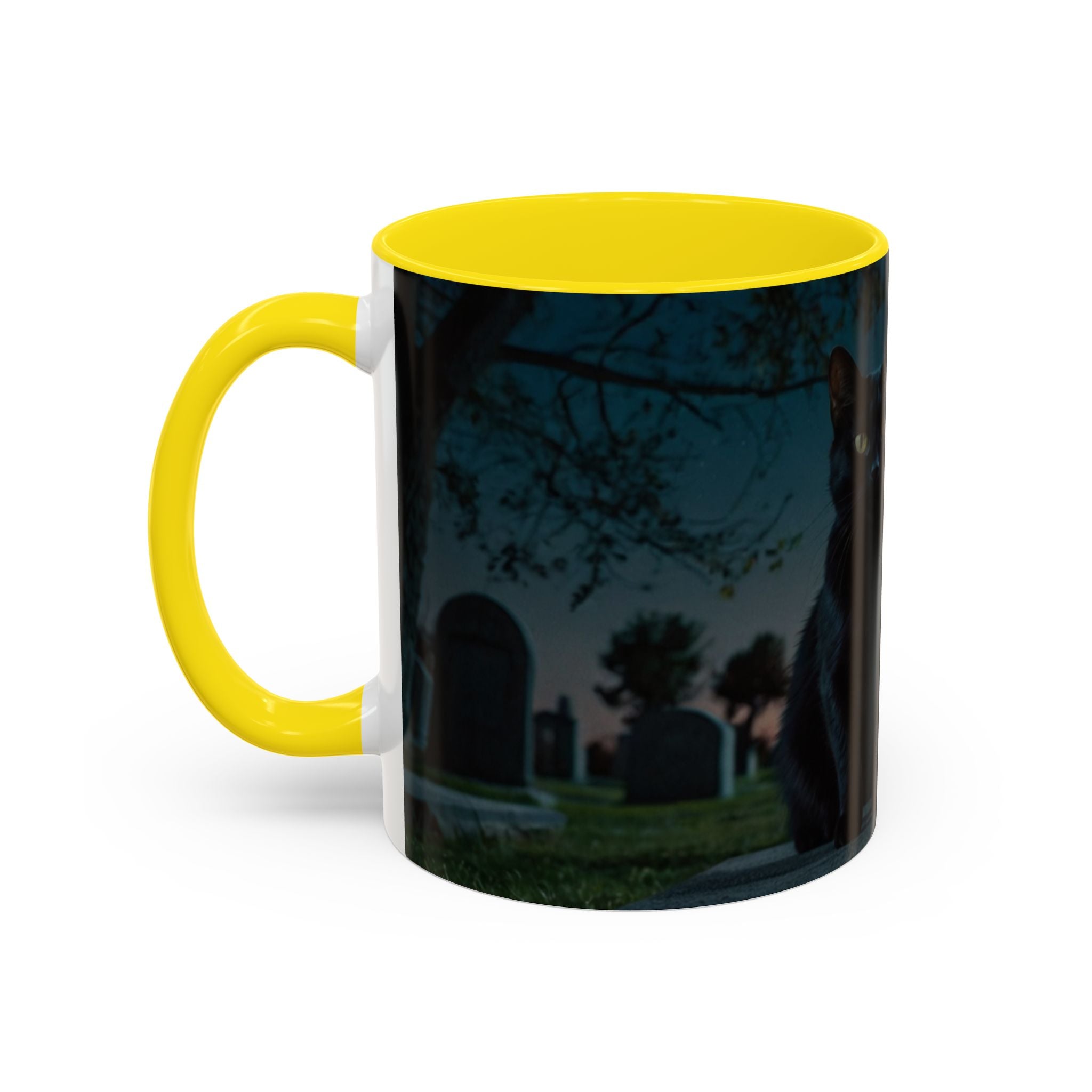 Spooky Black Cat Accent Coffee Mug in graveyard at night with full moon halloween