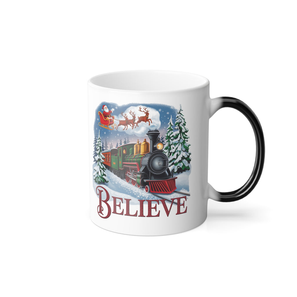 Color Morphing Christmas Mug, 11oz Santa & Sleigh, Holiday Gift, Winter Decor, Personalized Coffee Cup, Believe Design
