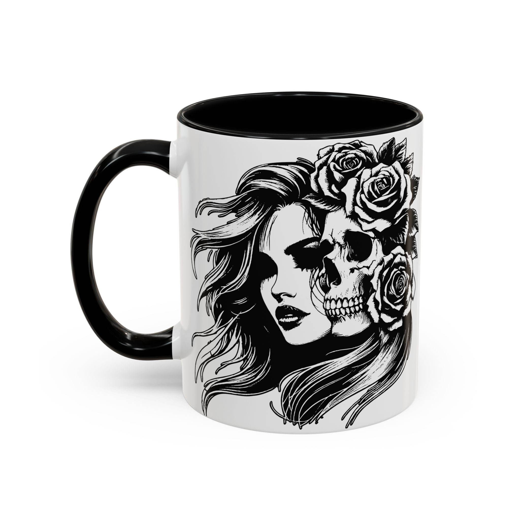 Skull & Rose Accent Coffee Mug — Gothic Half-Skull Woman 11/15oz