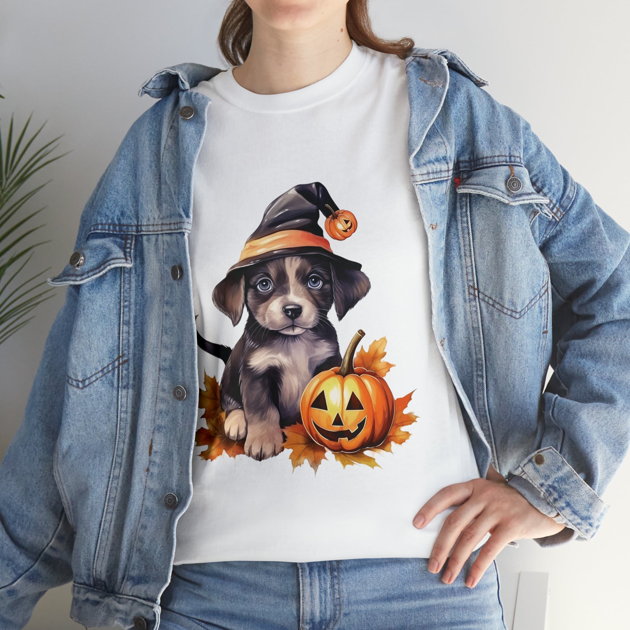 halloween t shirt puppy in witch hat cute gift for her stocking stuffer fall fun item for whole family Unisex Heavy Cotton Tee
