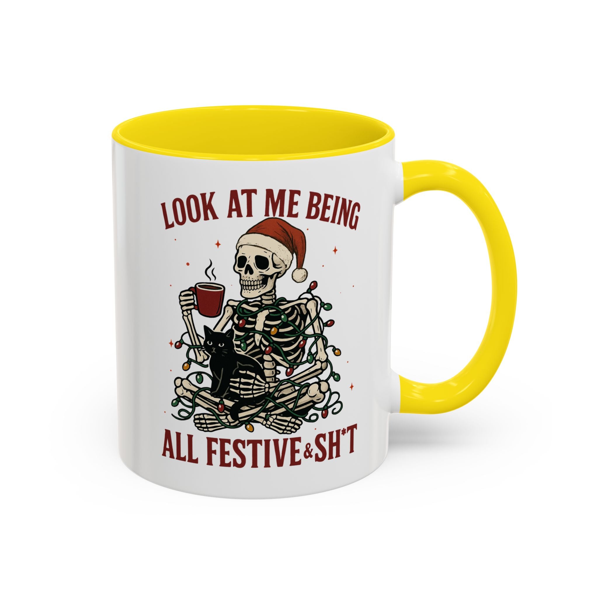 Festive Skeleton Coffee Mug, Unique Holiday Gift, Halloween Decor, Cat Lover's Mug, Funny Gift for Friends