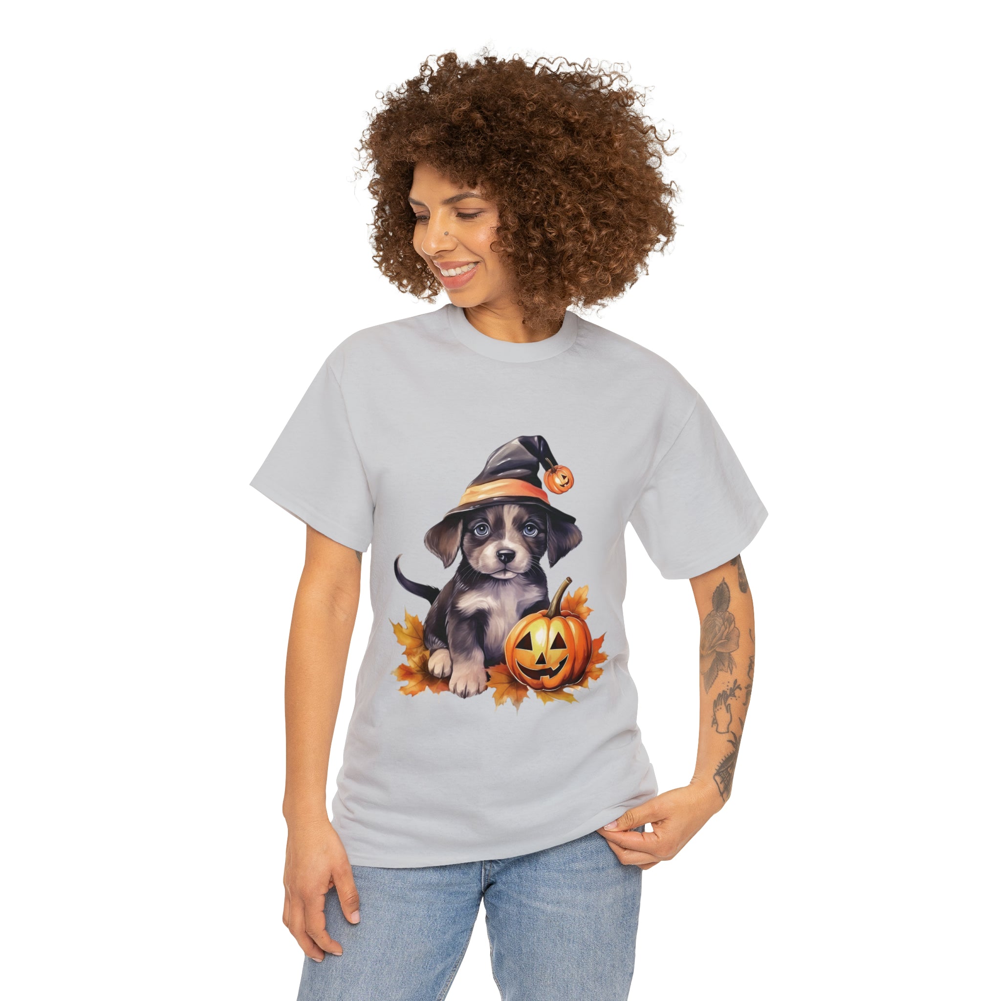 halloween t shirt puppy in witch hat cute gift for her stocking stuffer fall fun item for whole family Unisex Heavy Cotton Tee