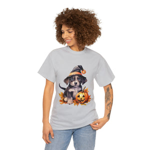 halloween t shirt puppy in witch hat cute gift for her stocking stuffer fall fun item for whole family Unisex Heavy Cotton Tee