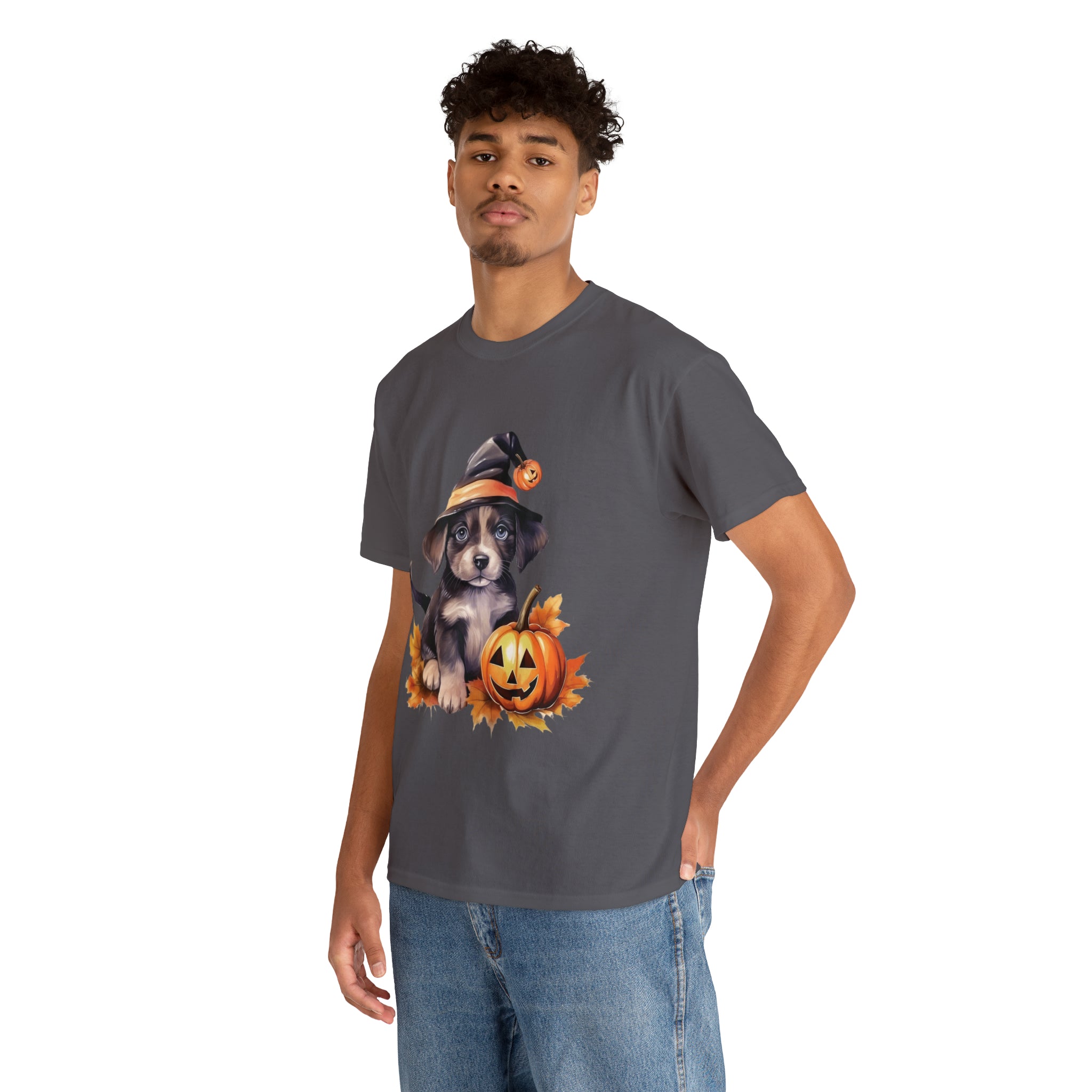 halloween t shirt puppy in witch hat cute gift for her stocking stuffer fall fun item for whole family Unisex Heavy Cotton Tee