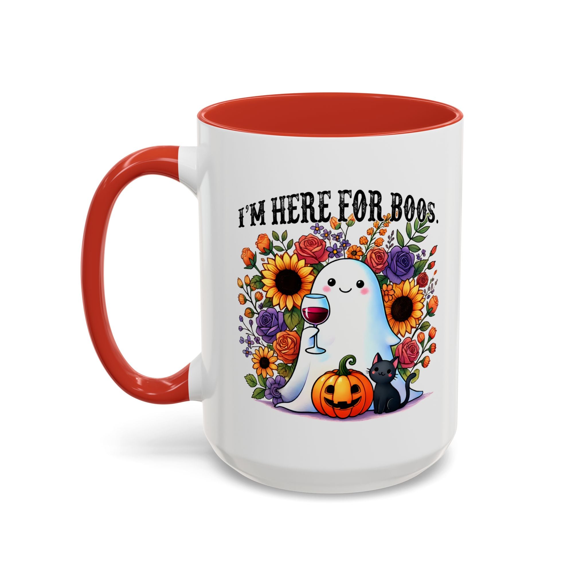 Spooky Floral Coffee Mug - I'm Here for Boos, Halloween Gift, Autumn Decor, Cute Ghost Mug, Cat Lover Drinkware