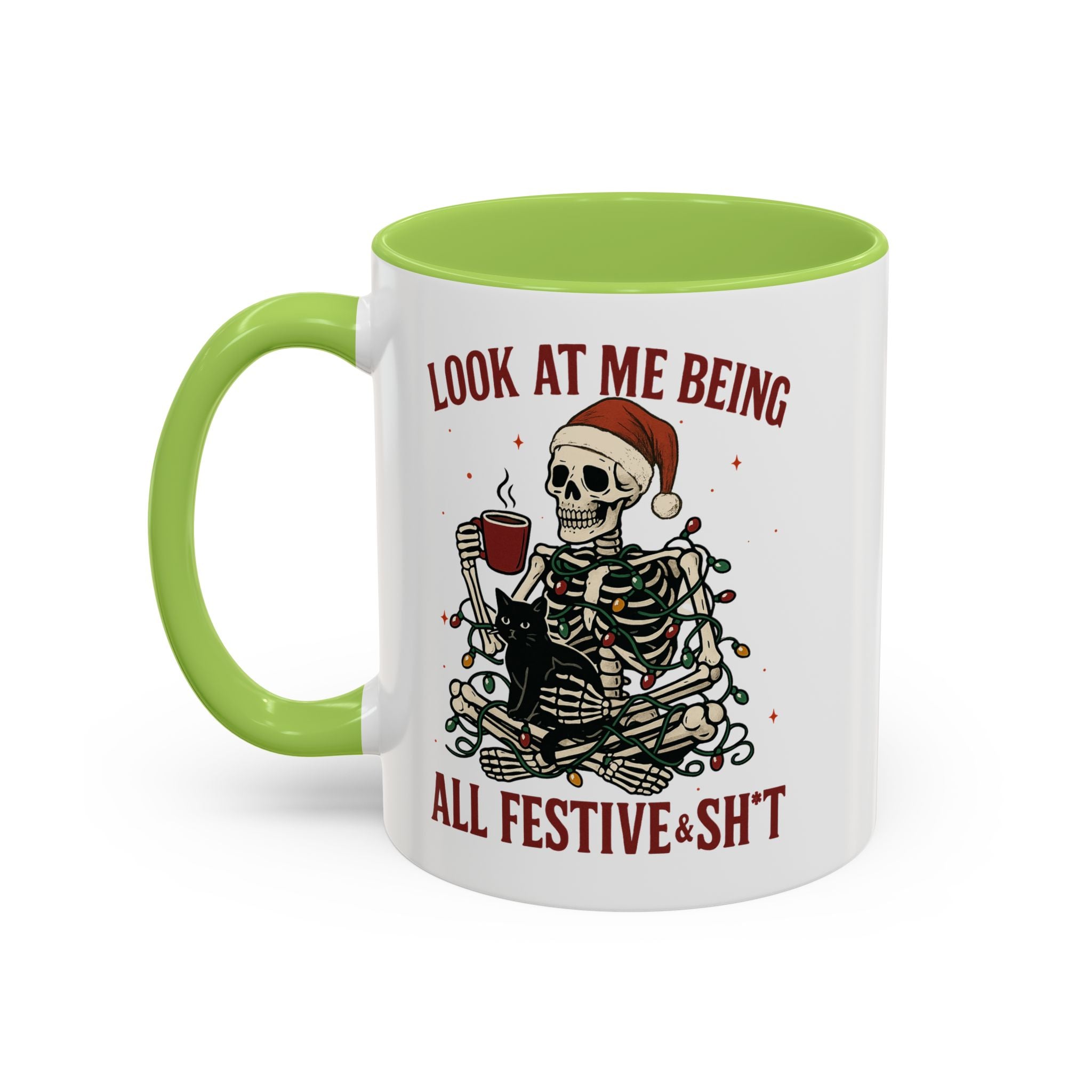 Festive Skeleton Coffee Mug, Unique Holiday Gift, Halloween Decor, Cat Lover's Mug, Funny Gift for Friends